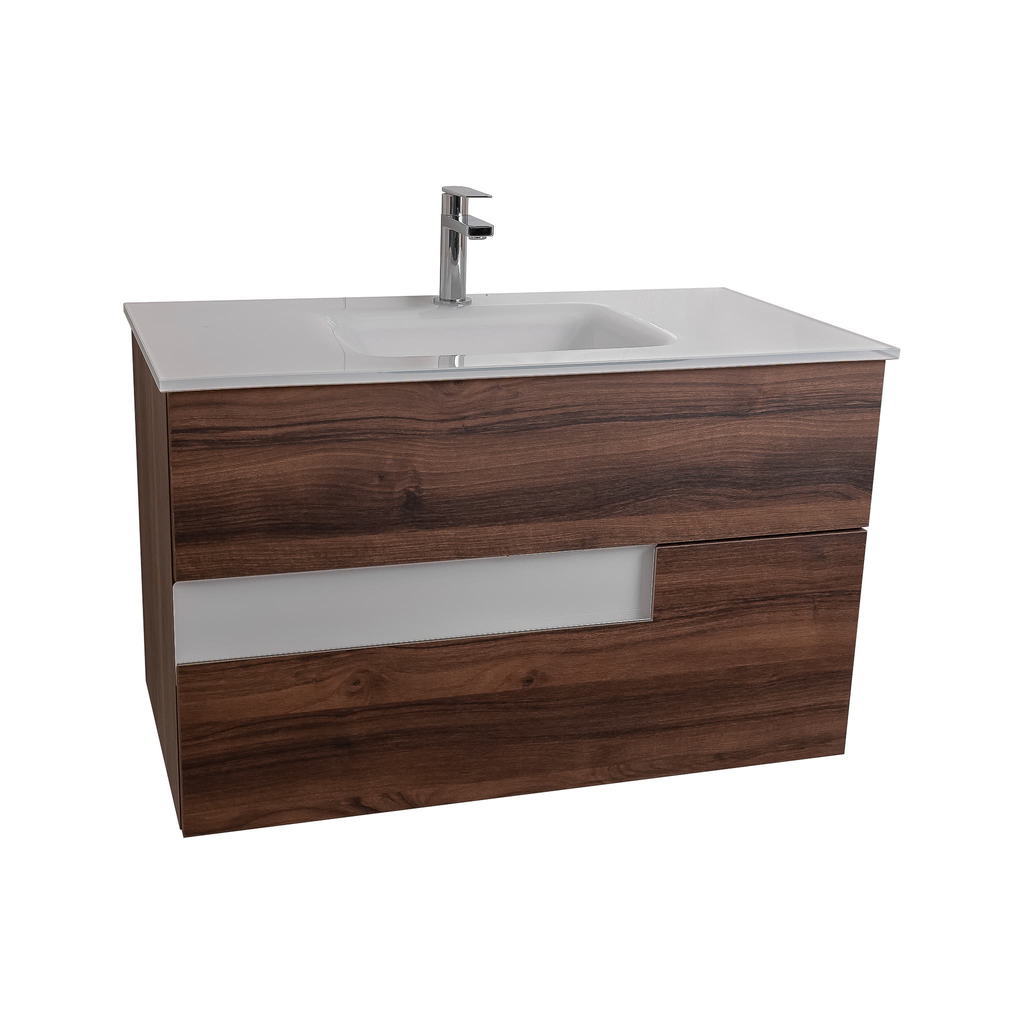 Vision 35.5 Valenti Medium Brown Wood Cabinet, White Tempered Glass Sink, Wall Mounted Modern Vanity Set