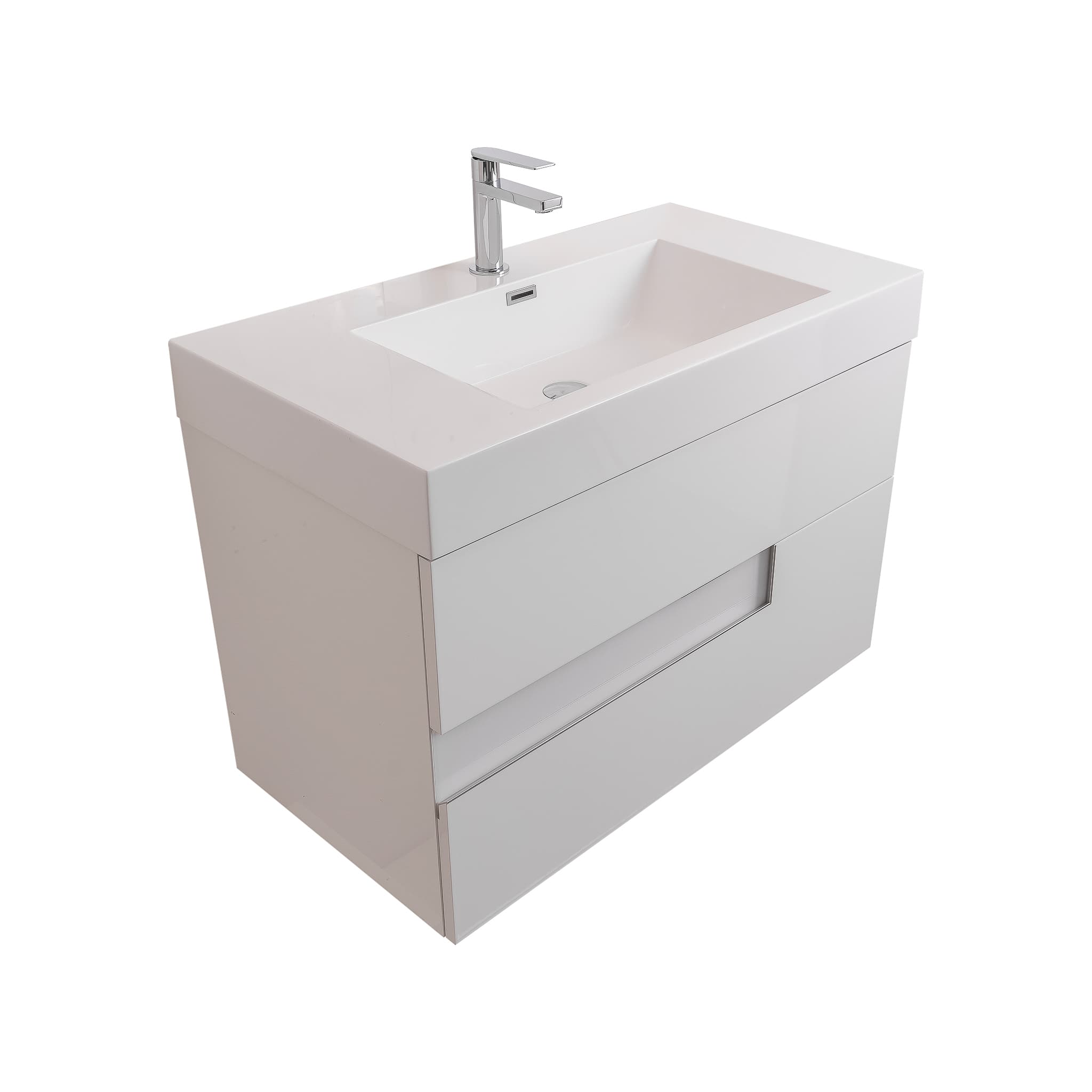 Vision 35.5 White High Gloss Cabinet, Square Cultured Marble Sink, Wall Mounted Modern Vanity Set