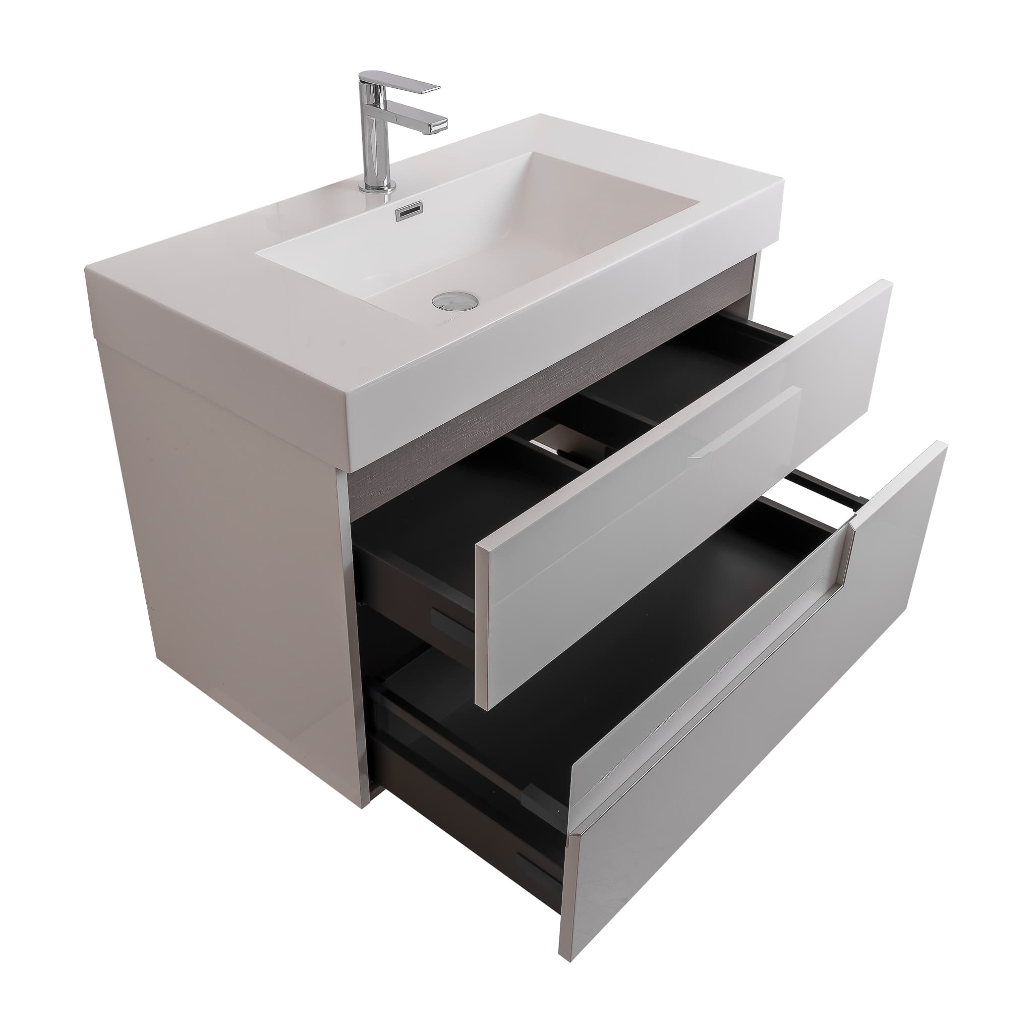 Vision 35.5 White High Gloss Cabinet, Square Cultured Marble Sink, Wall Mounted Modern Vanity Set