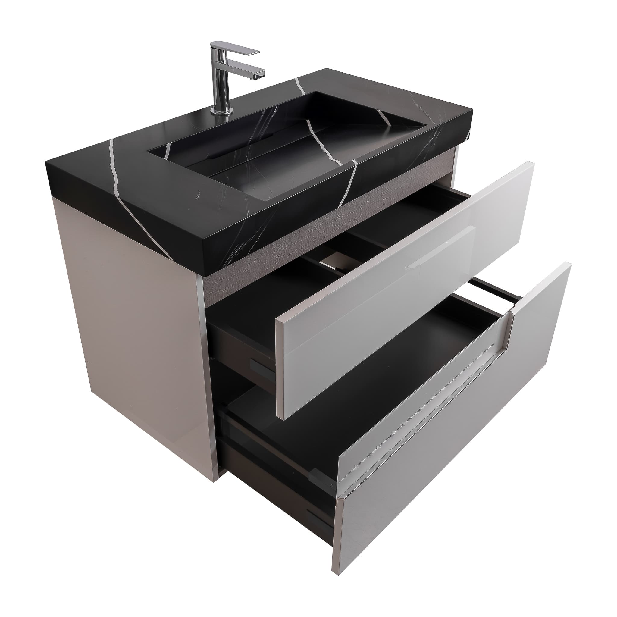 Vison 35.5 White High Gloss Cabinet, Solid Surface Matte Black Carrara Infinity Sink, Wall Mounted Modern Vanity Set