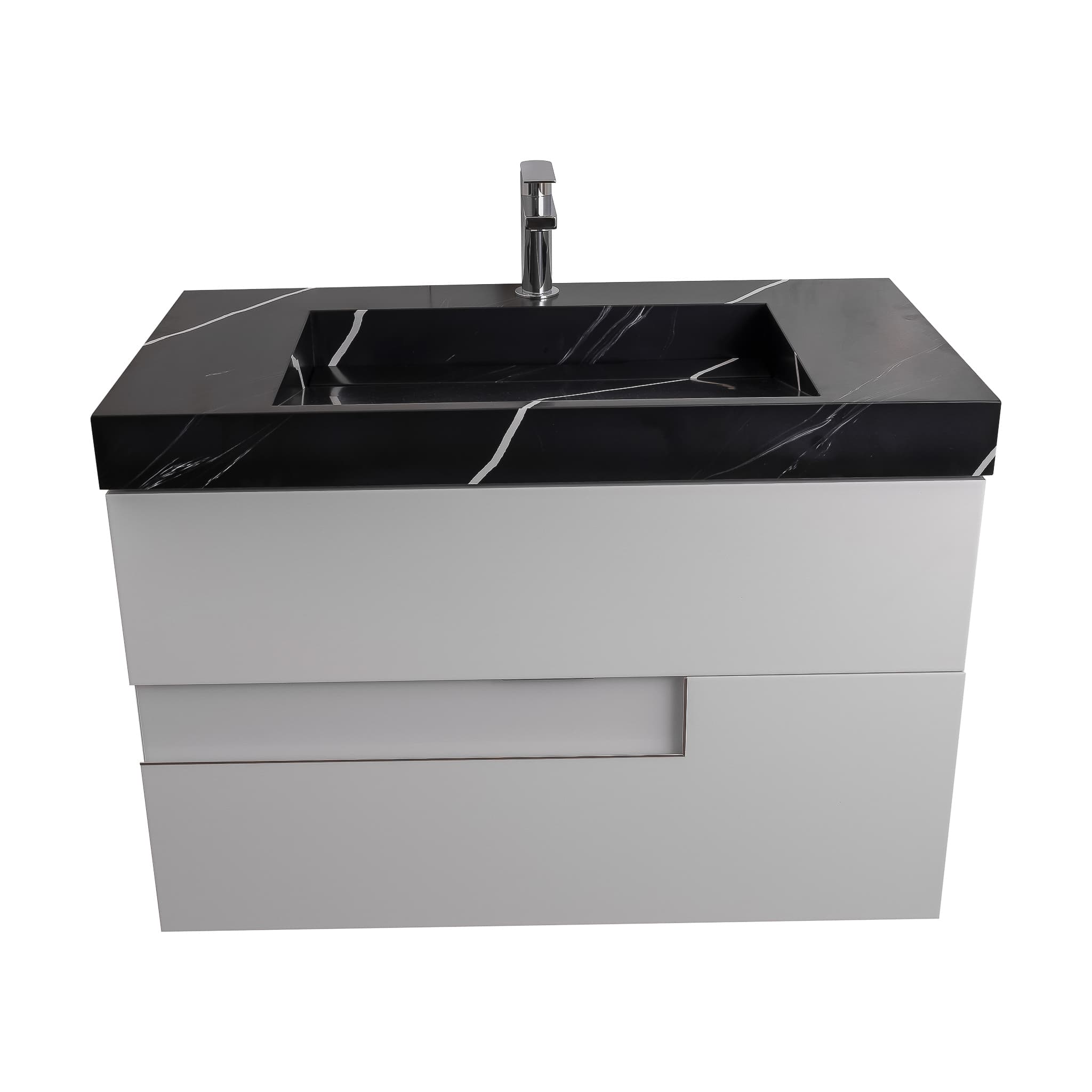 Vison 35.5 White High Gloss Cabinet, Solid Surface Matte Black Carrara Infinity Sink, Wall Mounted Modern Vanity Set