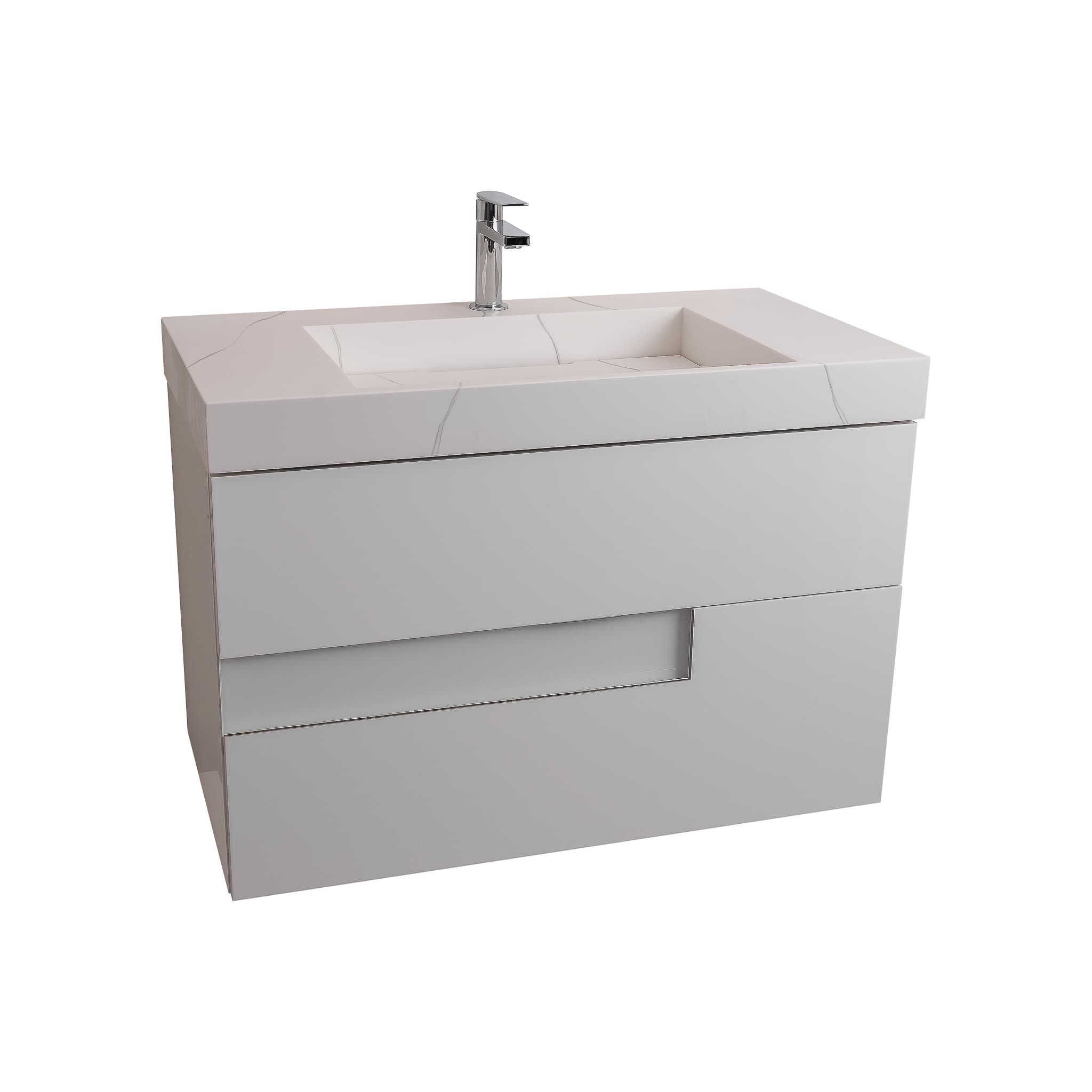 Vision 35.5 White High Gloss Cabinet, Solid Surface Matte White Top Carrara Infinity Sink, Wall Mounted Modern Vanity Set