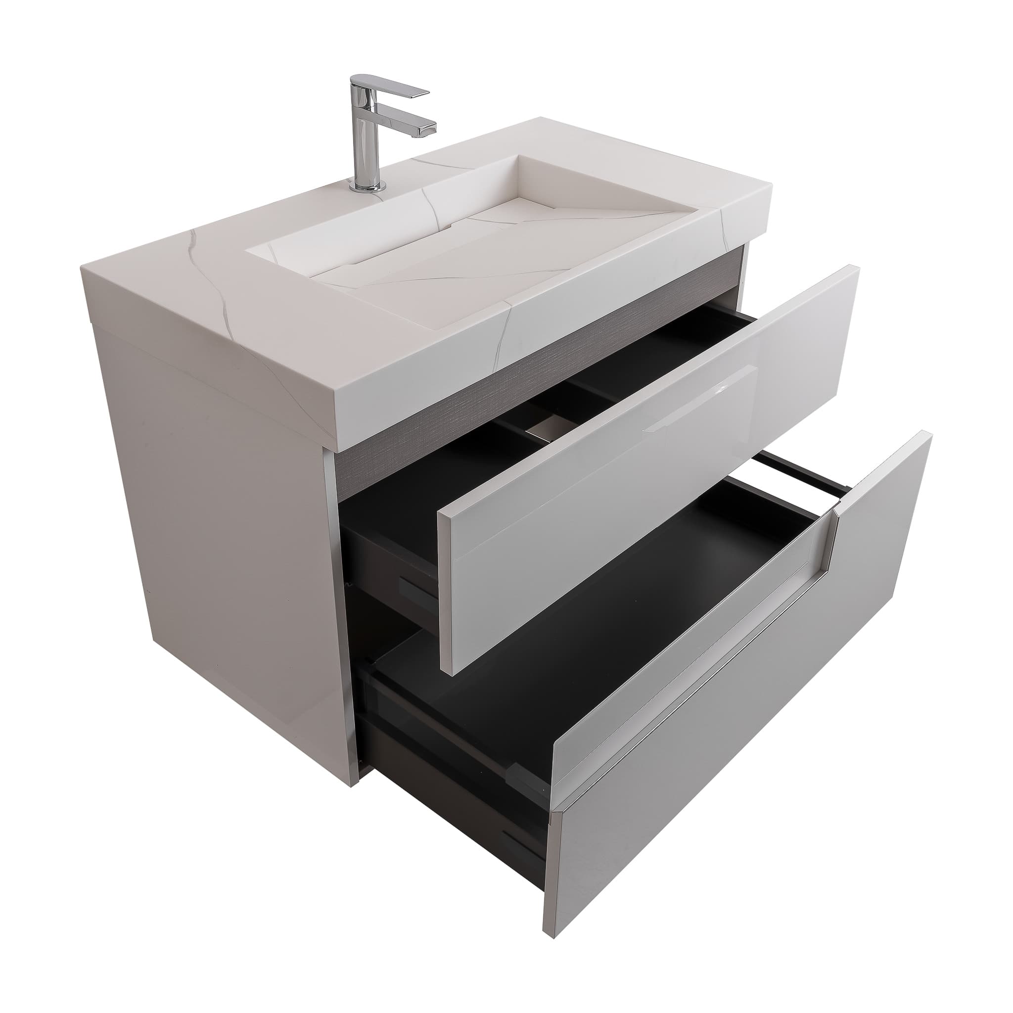 Vision 35.5 White High Gloss Cabinet, Solid Surface Matte White Top Carrara Infinity Sink, Wall Mounted Modern Vanity Set