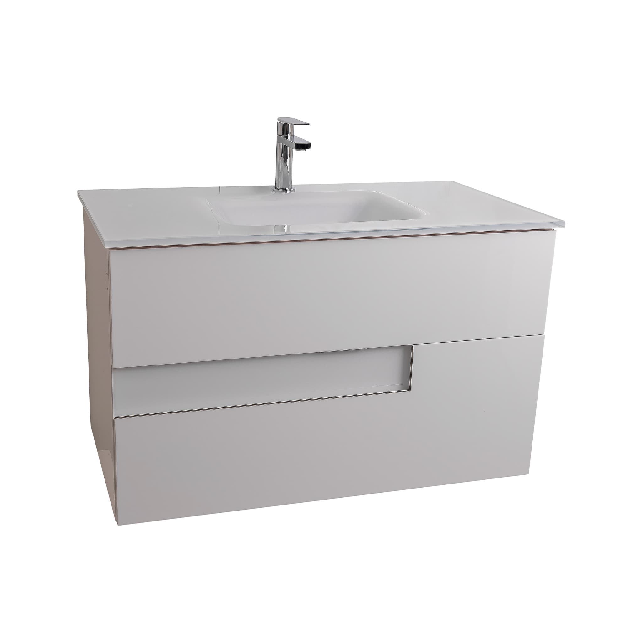 Vision 35.5 White High Gloss Cabinet, White Tempered Glass Sink, Wall Mounted Modern Vanity Set