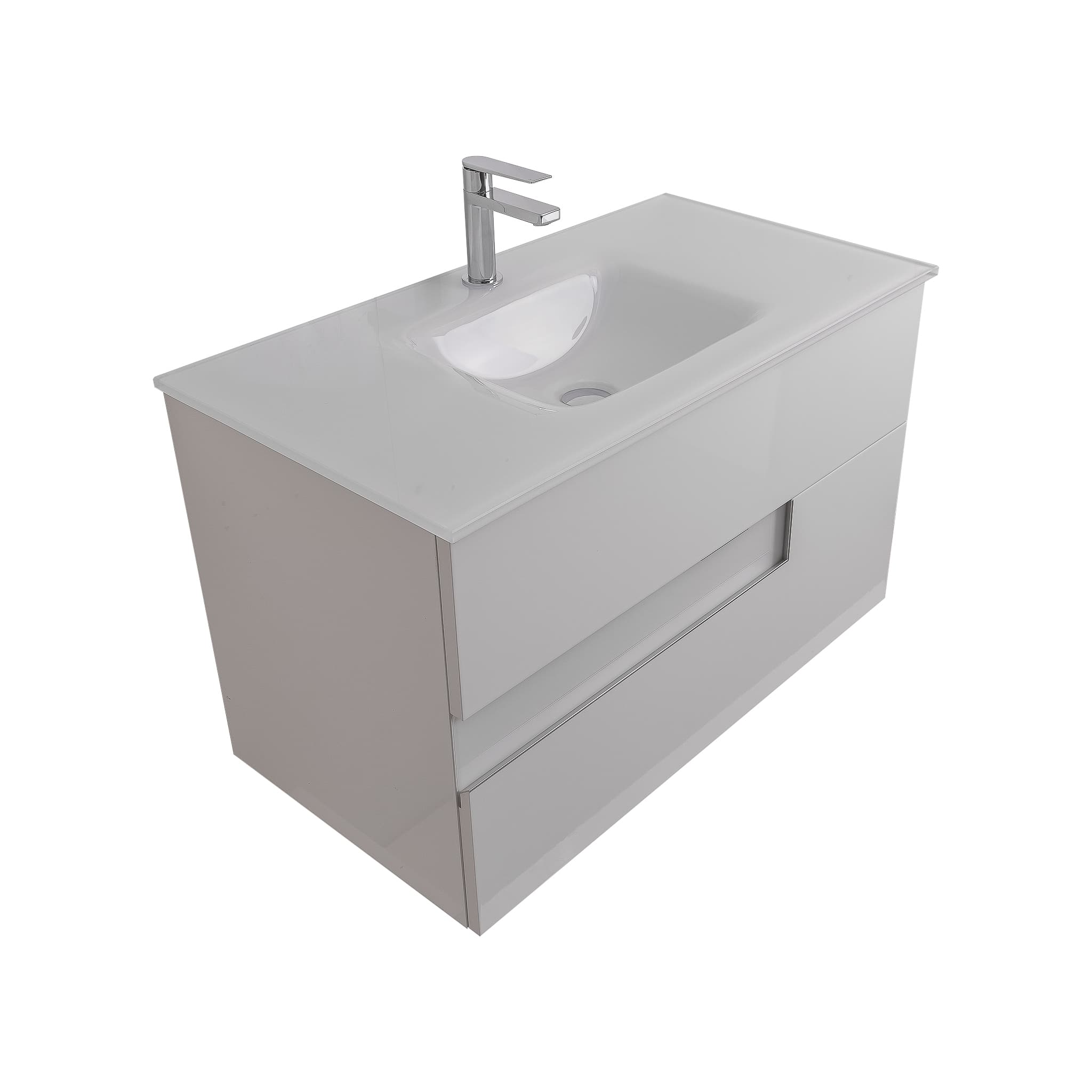 Vision 35.5 White High Gloss Cabinet, White Tempered Glass Sink, Wall Mounted Modern Vanity Set