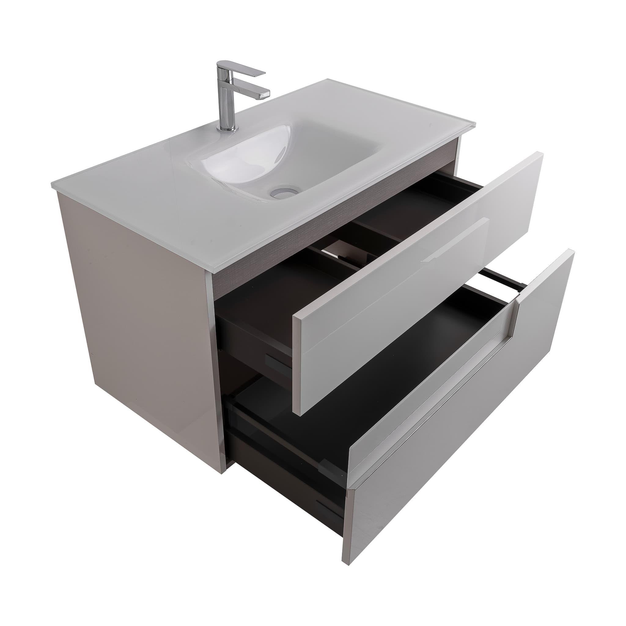 Vision 35.5 White High Gloss Cabinet, White Tempered Glass Sink, Wall Mounted Modern Vanity Set