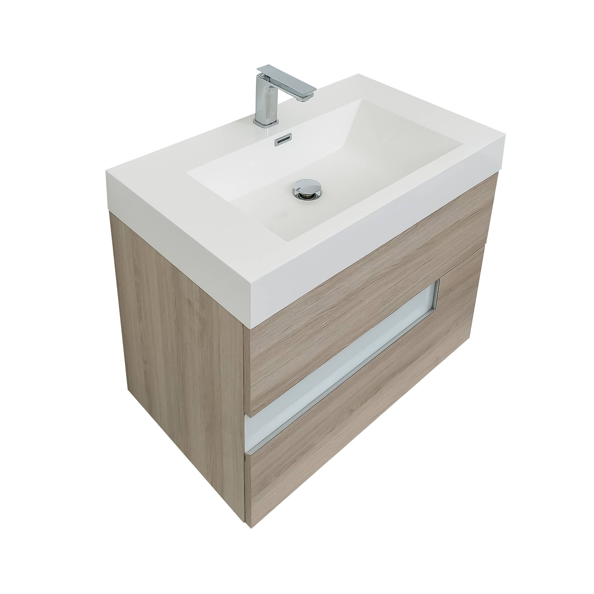 Vision 39.5 Natural Light Wood Cabinet, Square Cultured Marble Sink, Wall Mounted Modern Vanity Set