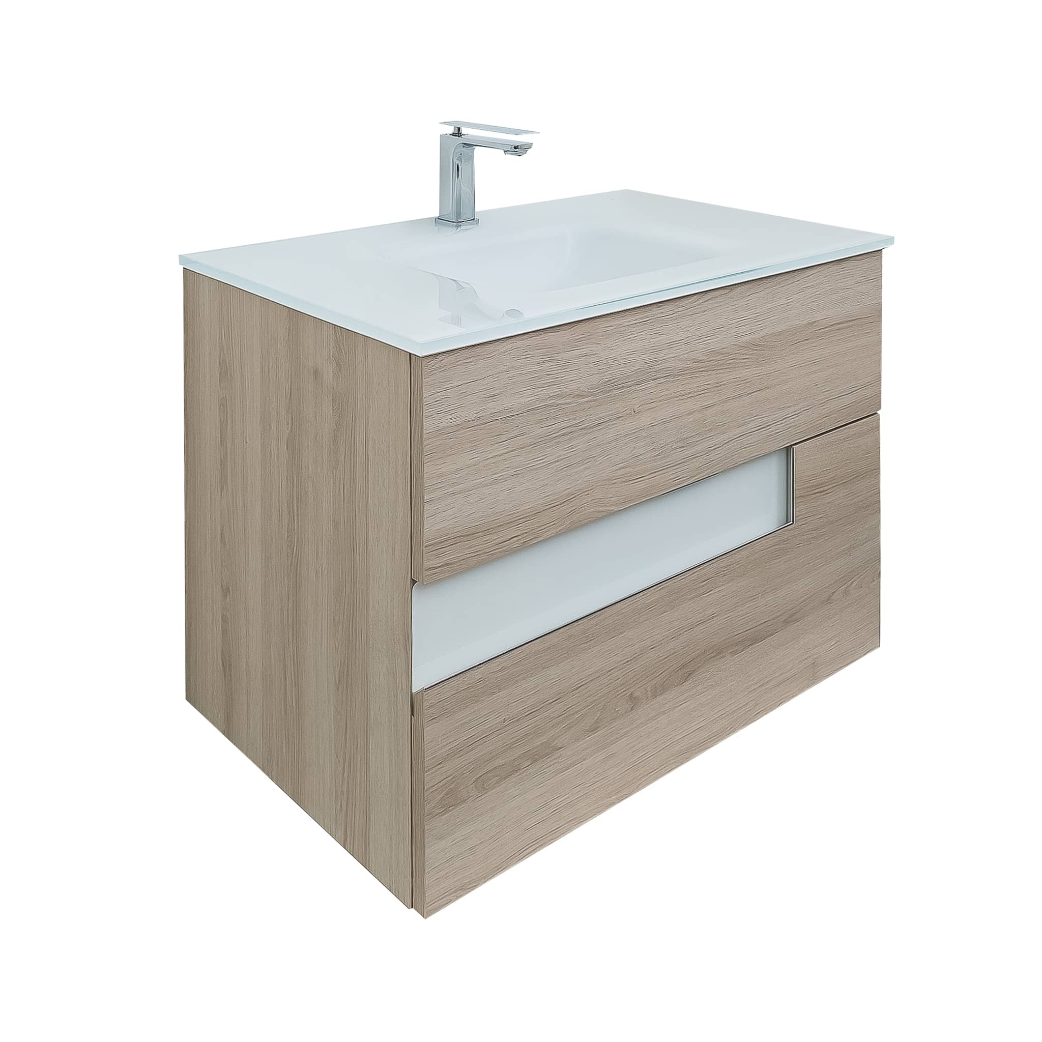 Vision 39.5 Natural Light  Wood Cabinet, White Tempered Glass Sink, Wall Mounted Modern Vanity Set