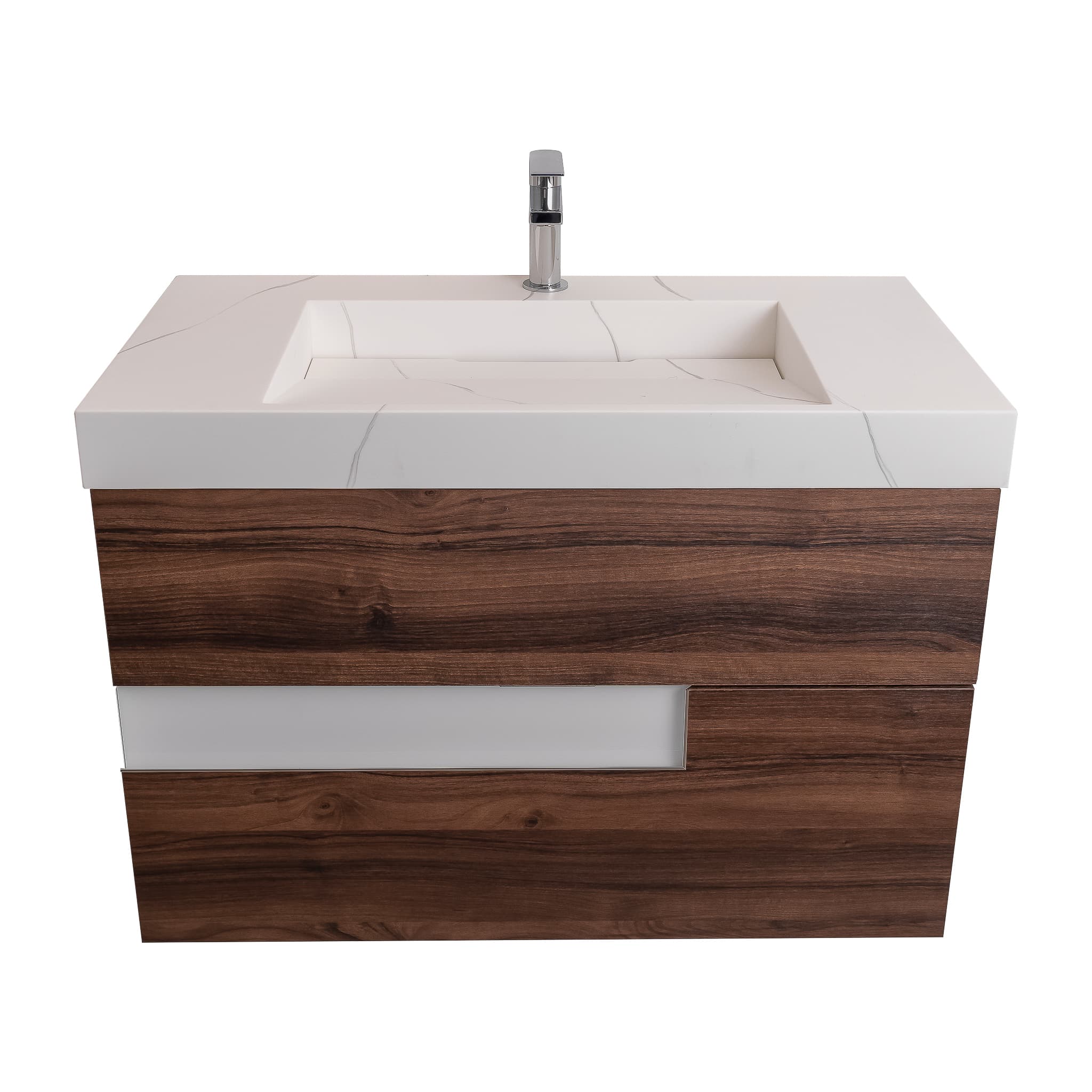 Vision 39.5 Valenti Medium Brown Wood Cabinet, Solid Surface Matte White Top Carrara Infinity Sink, Wall Mounted Modern Vanity Set