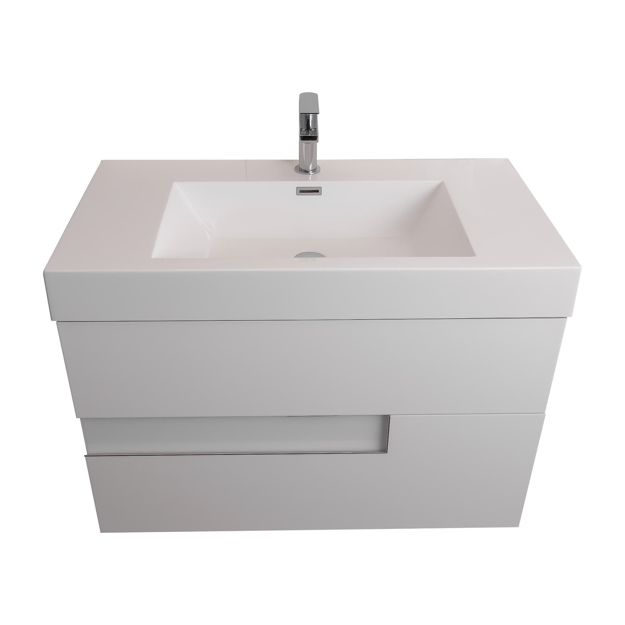 Vision 39.5 White High Gloss Cabinet, Square Cultured Marble Sink, Wall Mounted Modern Vanity Set