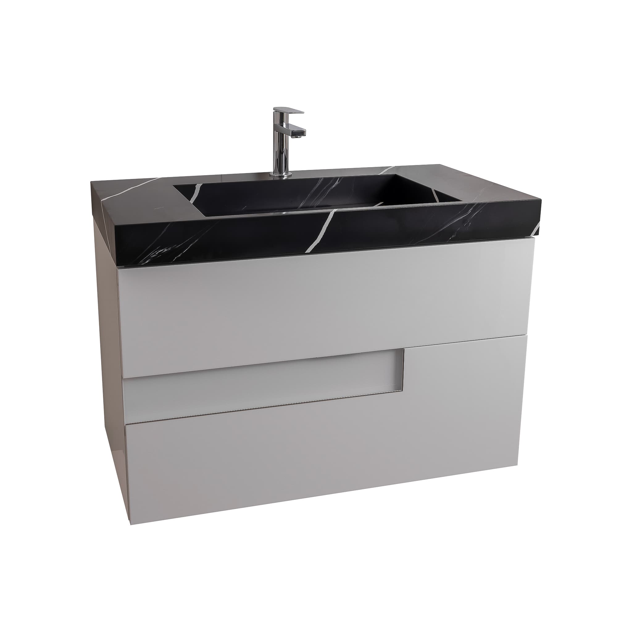 Vision 39.5 White High Gloss Cabinet, Solid Surface Matte Black Carrara Infinity Sink, Wall Mounted Modern Vanity Set
