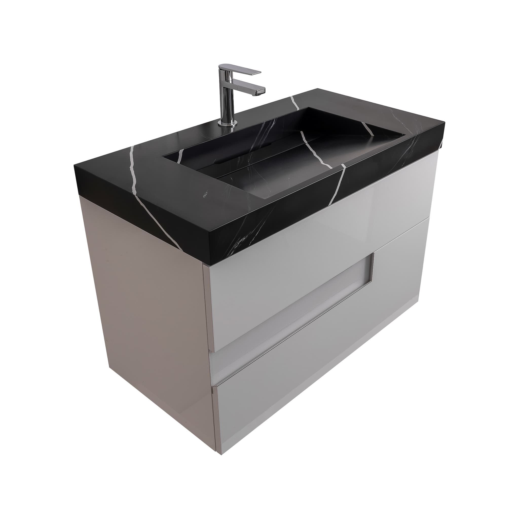 Vision 39.5 White High Gloss Cabinet, Solid Surface Matte Black Carrara Infinity Sink, Wall Mounted Modern Vanity Set