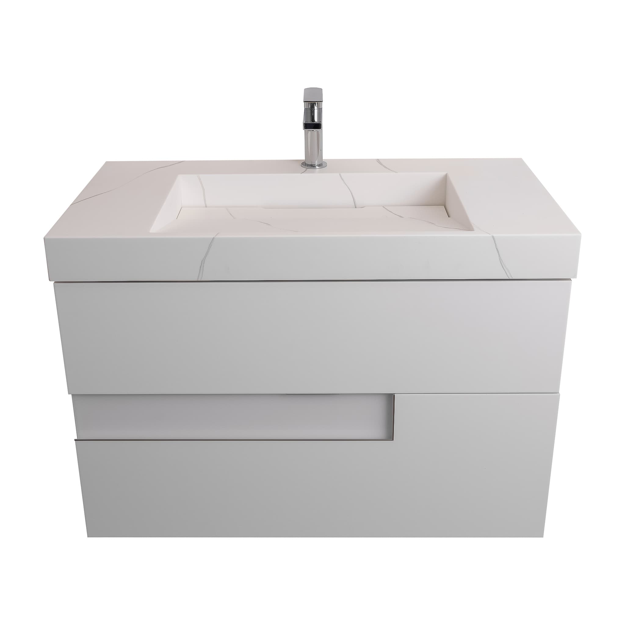 Vision 39.5 White High Gloss Cabinet, Solid Surface Matte White Top Carrara Infinity Sink, Wall Mounted Modern Vanity Set