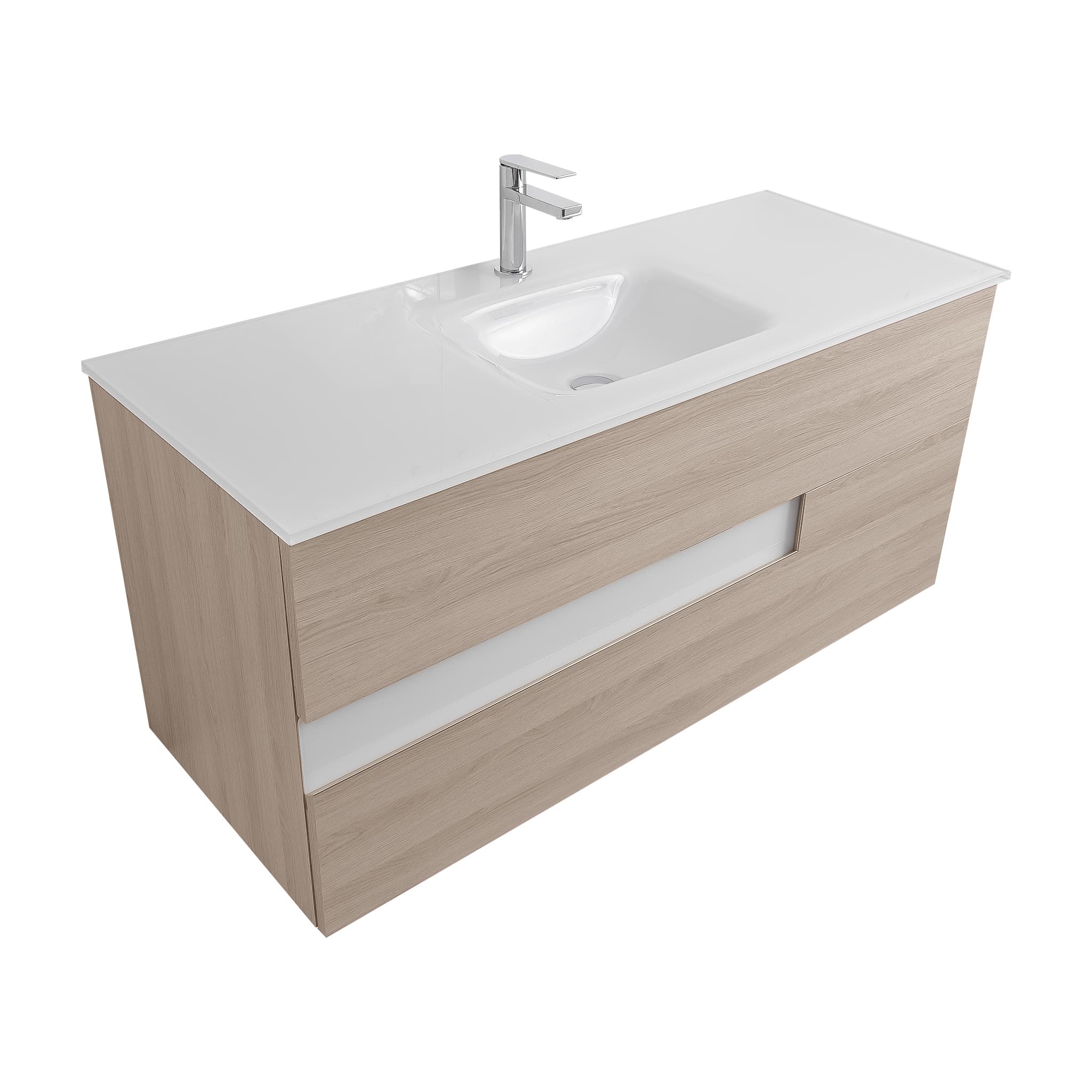 Vision 47.5 Natural Light  Wood Cabinet, White Tempered Glass Sink, Wall Mounted Modern Vanity Set