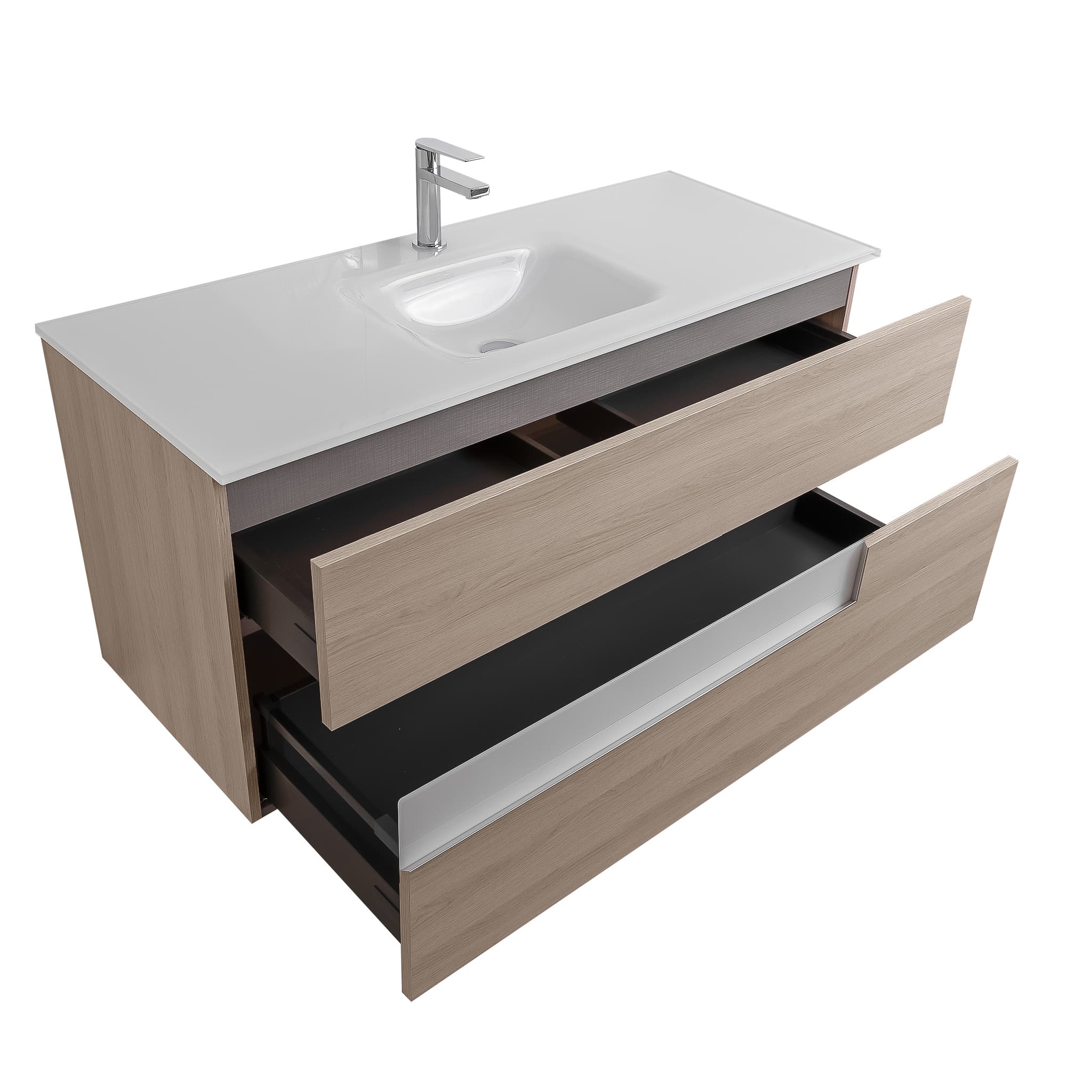 Vision 47.5 Natural Light  Wood Cabinet, White Tempered Glass Sink, Wall Mounted Modern Vanity Set