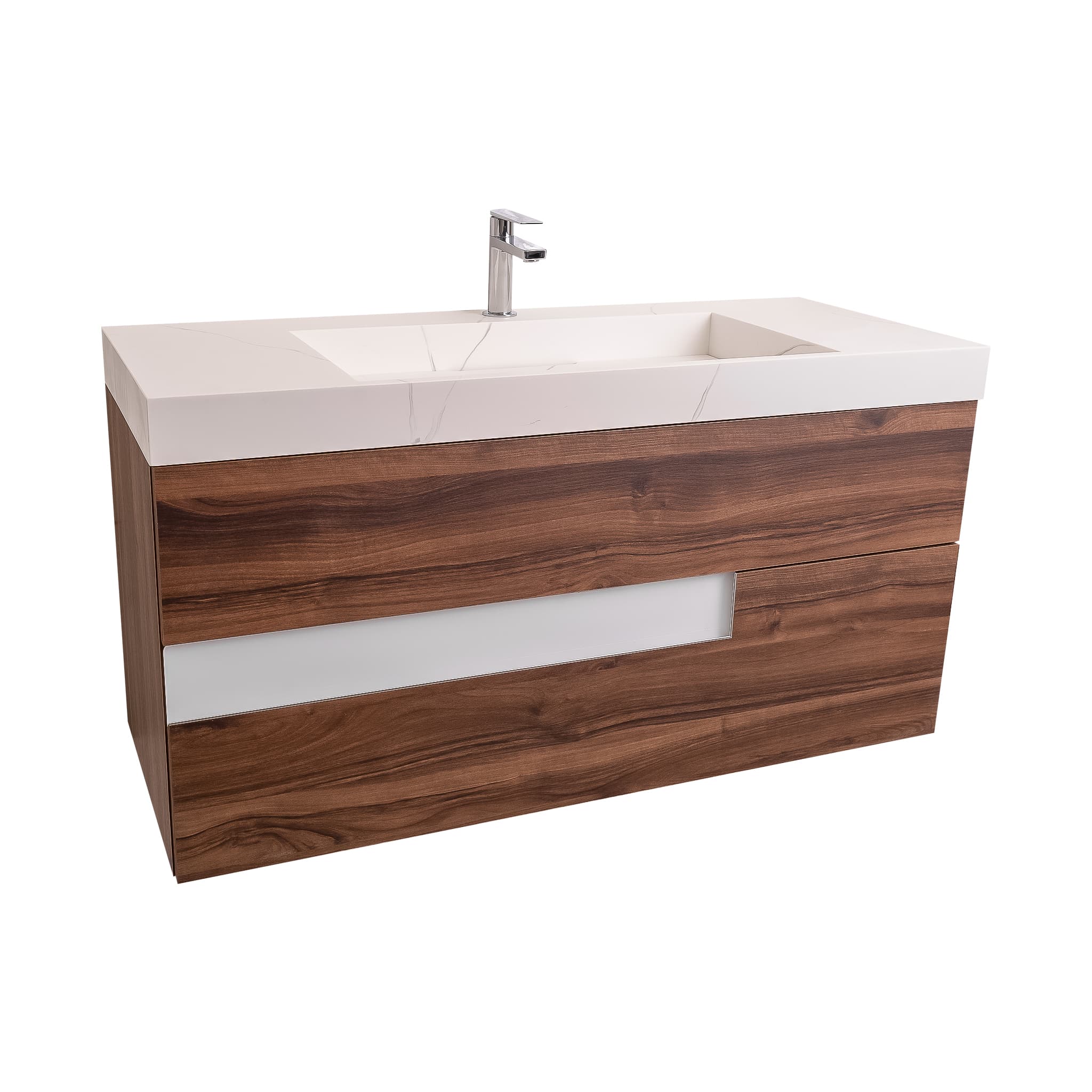 Vision 47.5 Valenti Medium Brown Wood Cabinet, Solid Surface Matte White Top Carrara Infinity Sink, Wall Mounted Modern Vanity Set