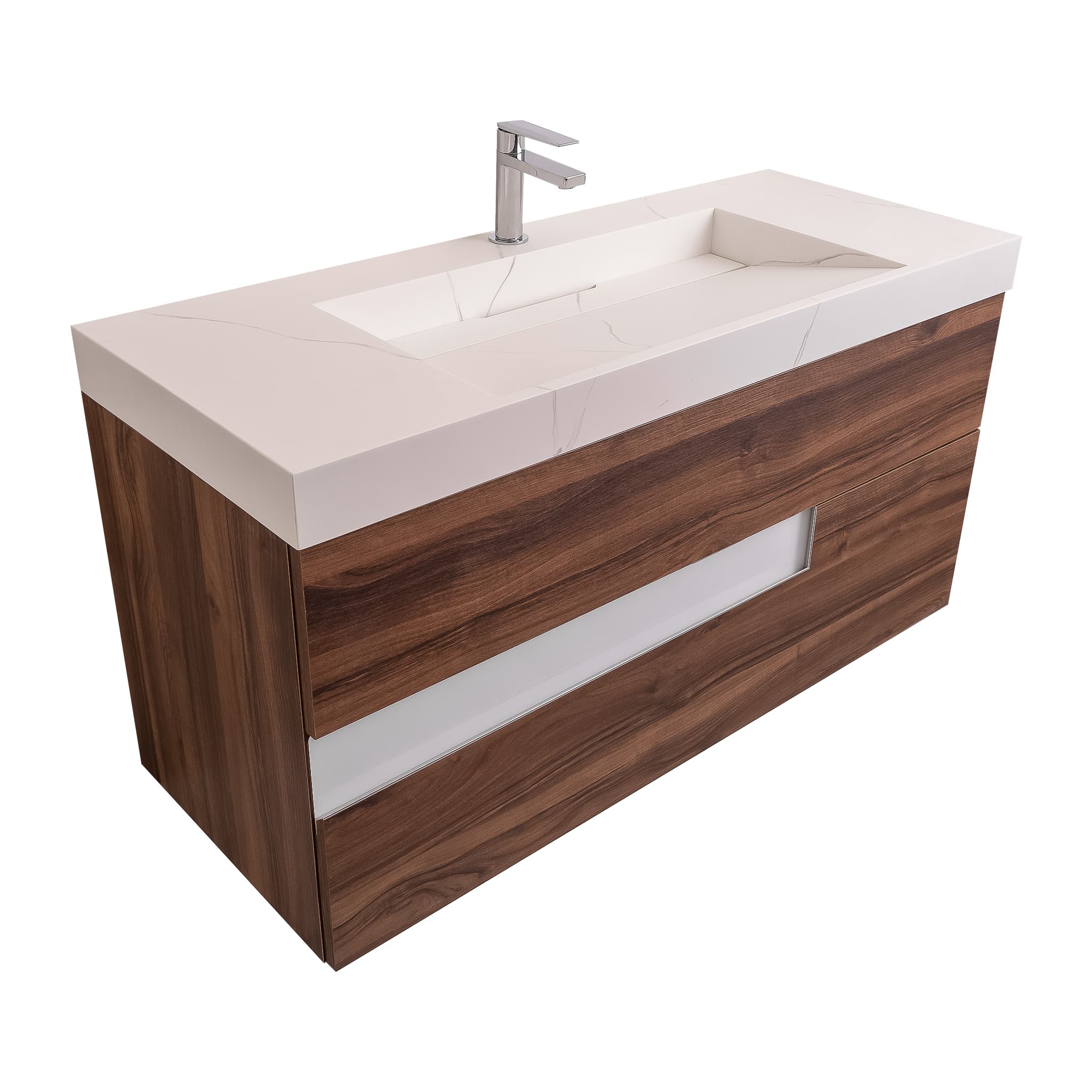 Vision 47.5 Valenti Medium Brown Wood Cabinet, Solid Surface Matte White Top Carrara Infinity Sink, Wall Mounted Modern Vanity Set