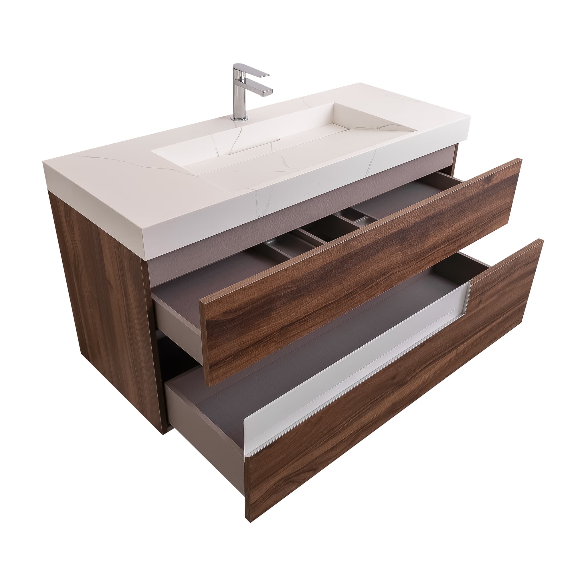 Vision 47.5 Valenti Medium Brown Wood Cabinet, Solid Surface Matte White Top Carrara Infinity Sink, Wall Mounted Modern Vanity Set