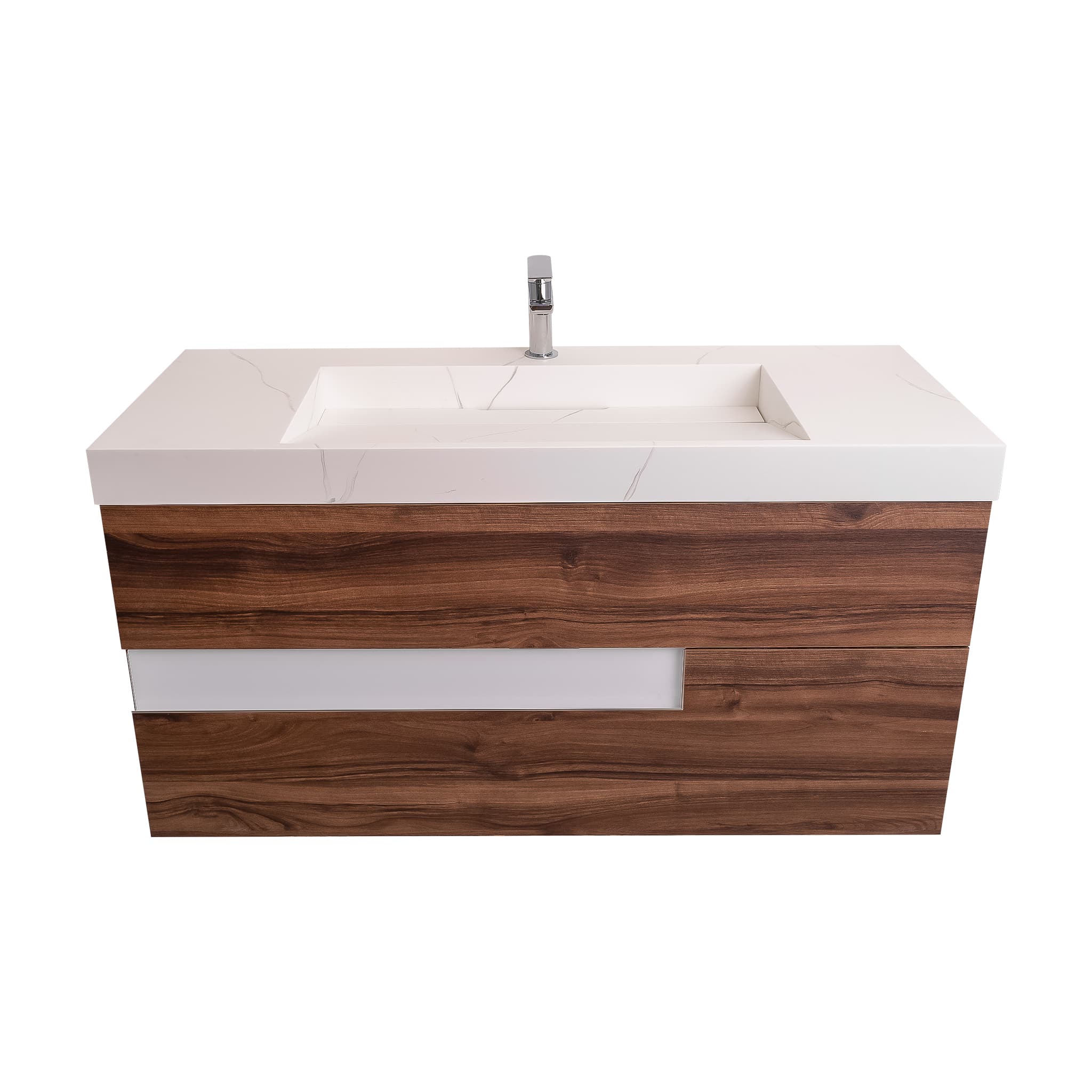 Vision 47.5 Valenti Medium Brown Wood Cabinet, Solid Surface Matte White Top Carrara Infinity Sink, Wall Mounted Modern Vanity Set