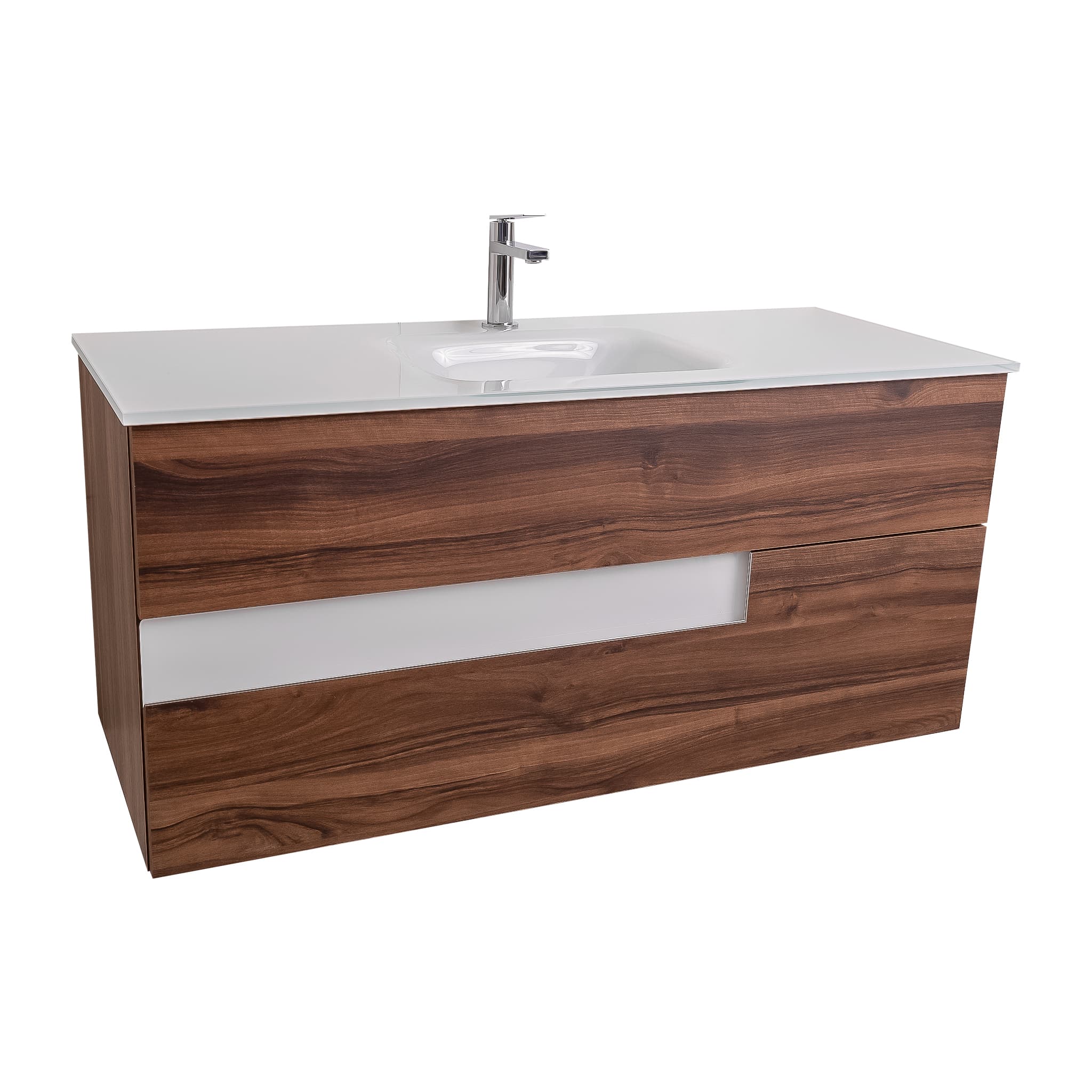 Vision 47.5 Valenti Medium Brown Wood Cabinet, White Tempered Glass Sink, Wall Mounted Modern Vanity Set