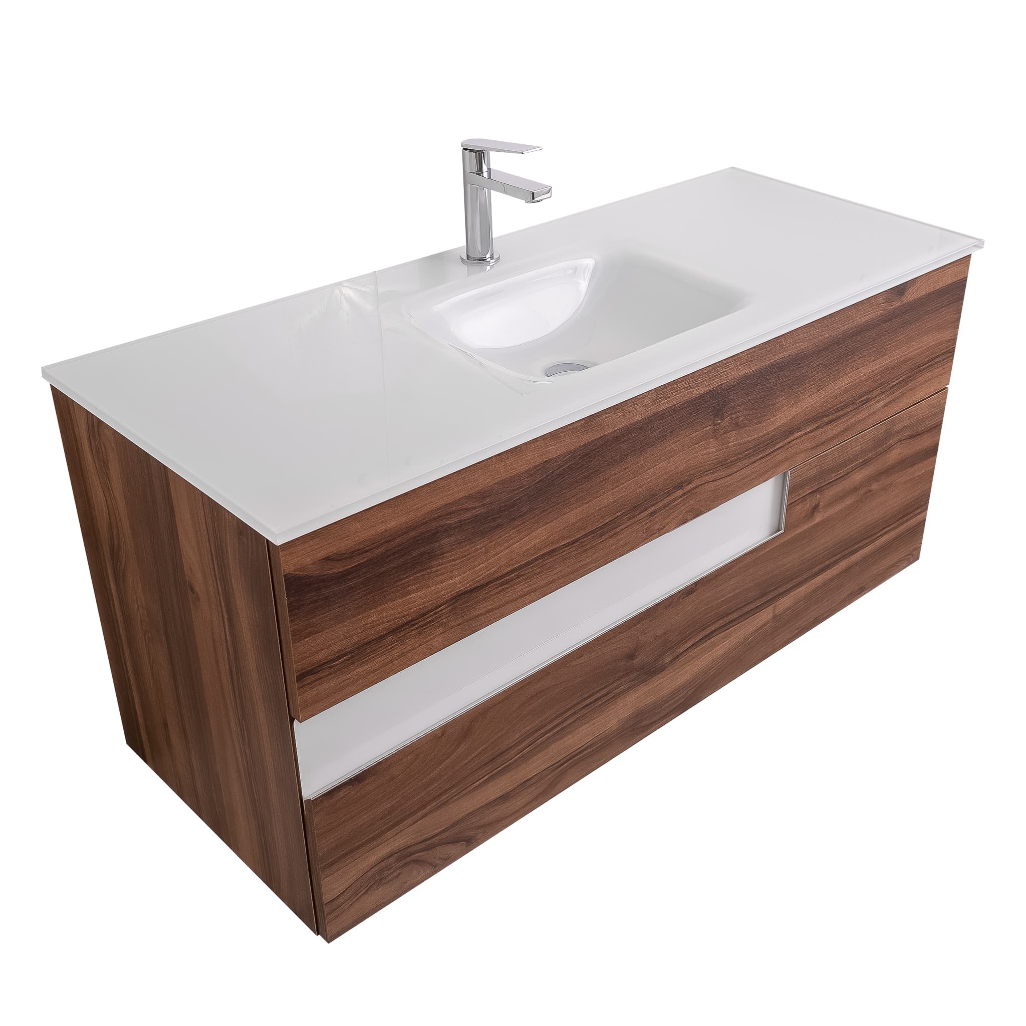 Vision 47.5 Valenti Medium Brown Wood Cabinet, White Tempered Glass Sink, Wall Mounted Modern Vanity Set