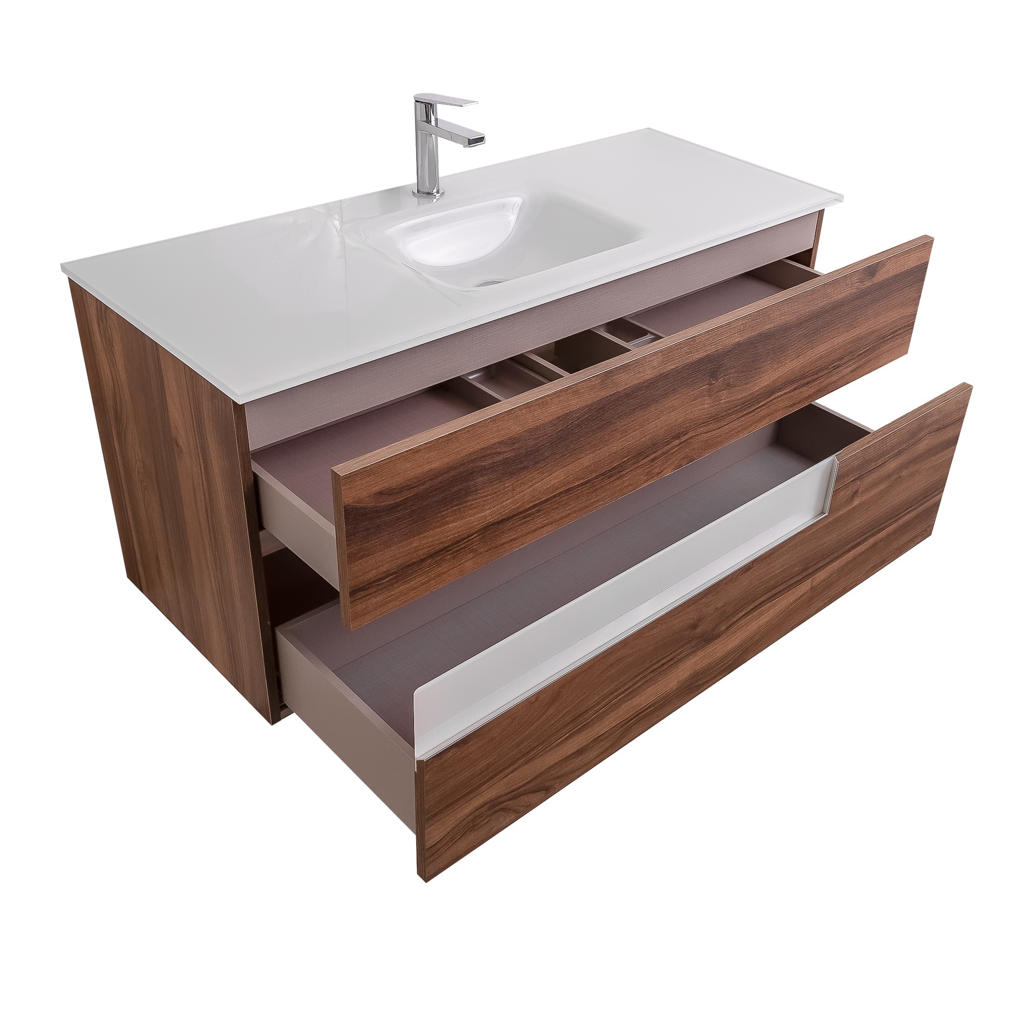 Vision 47.5 Valenti Medium Brown Wood Cabinet, White Tempered Glass Sink, Wall Mounted Modern Vanity Set