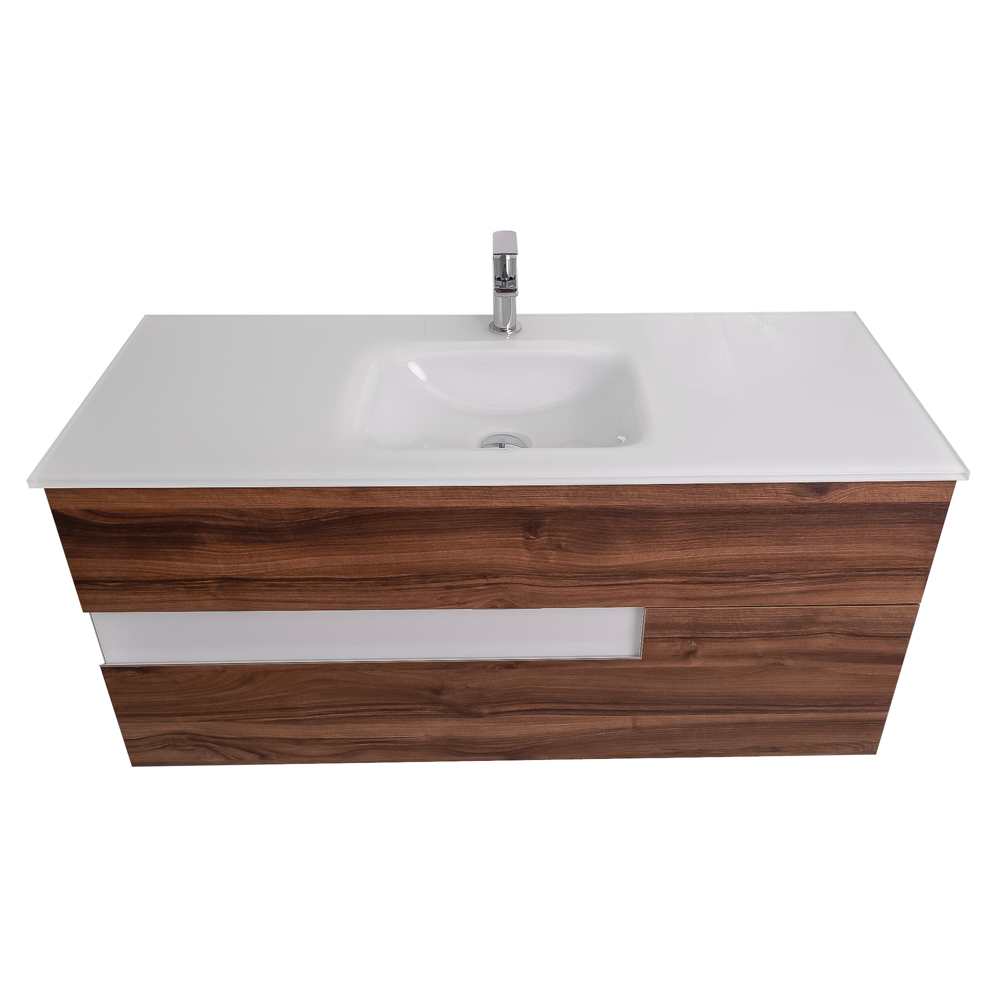 Vision 47.5 Valenti Medium Brown Wood Cabinet, White Tempered Glass Sink, Wall Mounted Modern Vanity Set