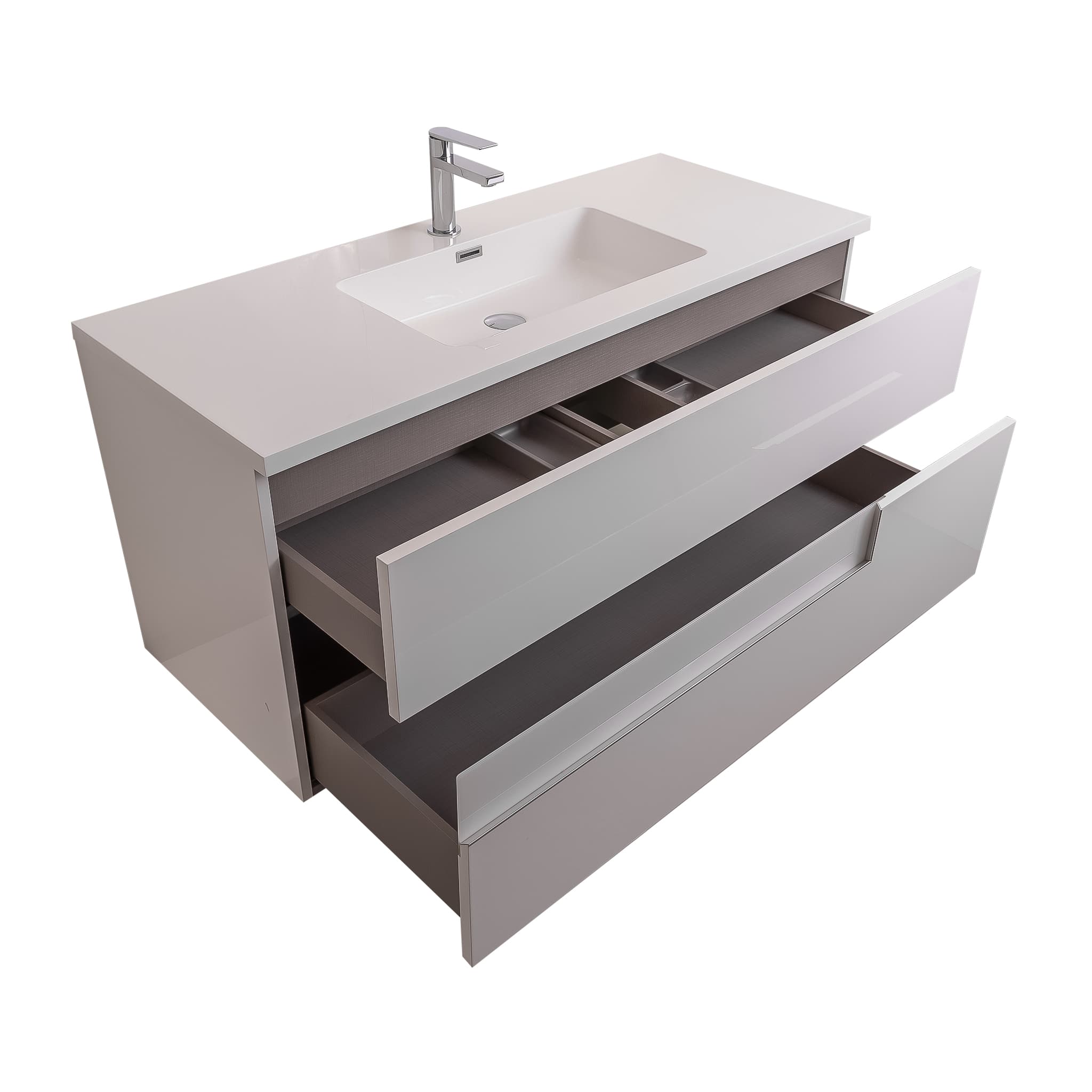 Vision 47.5 White High Gloss Cabinet, Square Cultured Marble Sink, Wall Mounted Modern Vanity Set