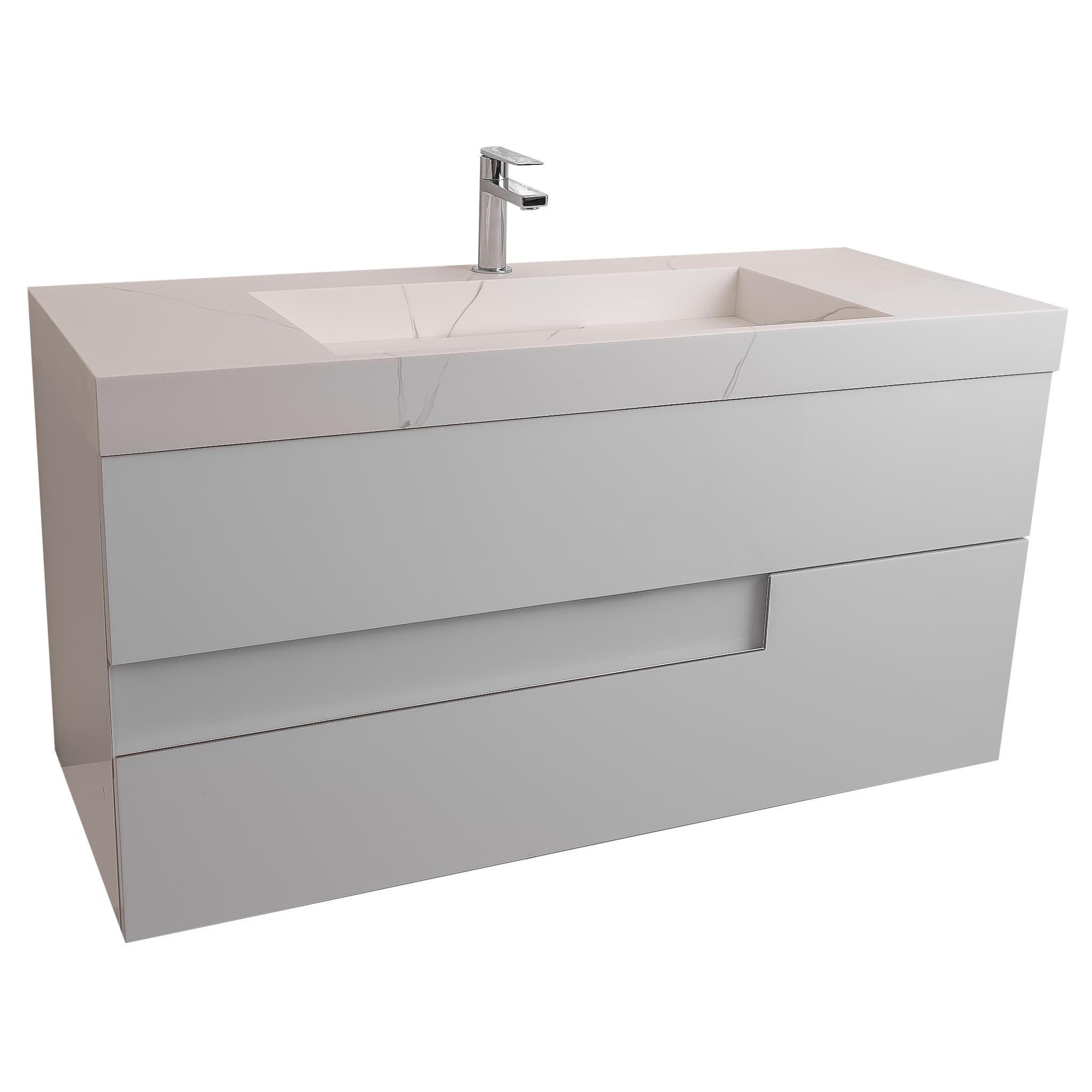 Vision 47.5 White High Gloss Cabinet, Solid Surface Matte White Top Carrara Infinity Sink, Wall Mounted Modern Vanity Set Bath Trends USA