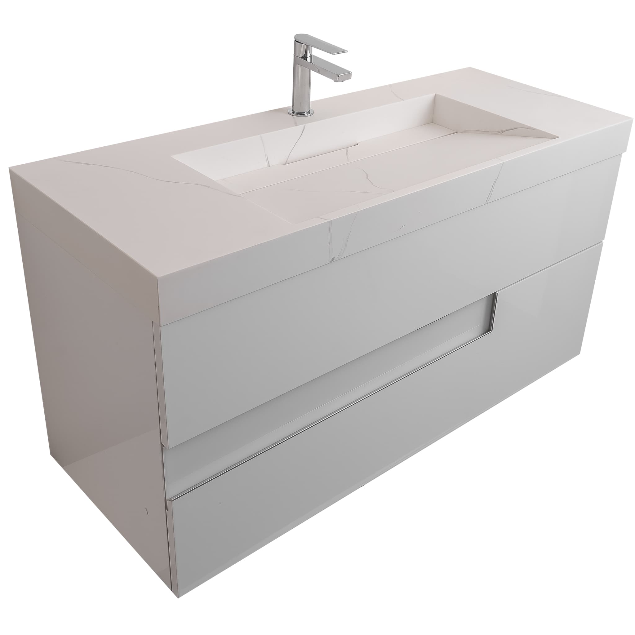 Vision 47.5 White High Gloss Cabinet, Solid Surface Matte White Top Carrara Infinity Sink, Wall Mounted Modern Vanity Set