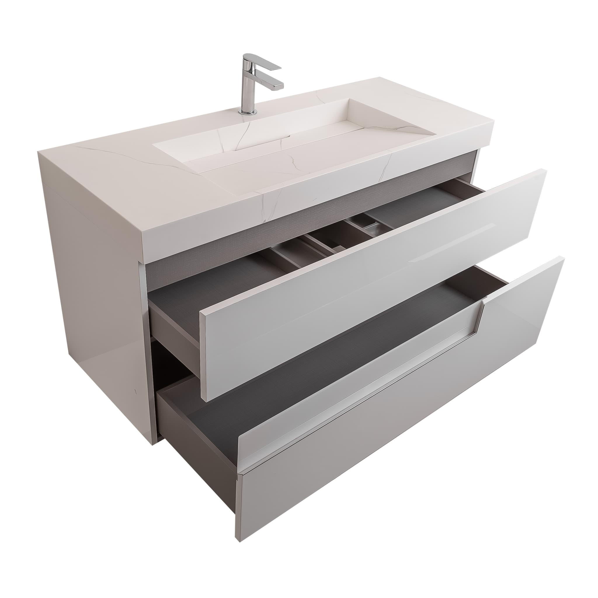 Vision 47.5 White High Gloss Cabinet, Solid Surface Matte White Top Carrara Infinity Sink, Wall Mounted Modern Vanity Set