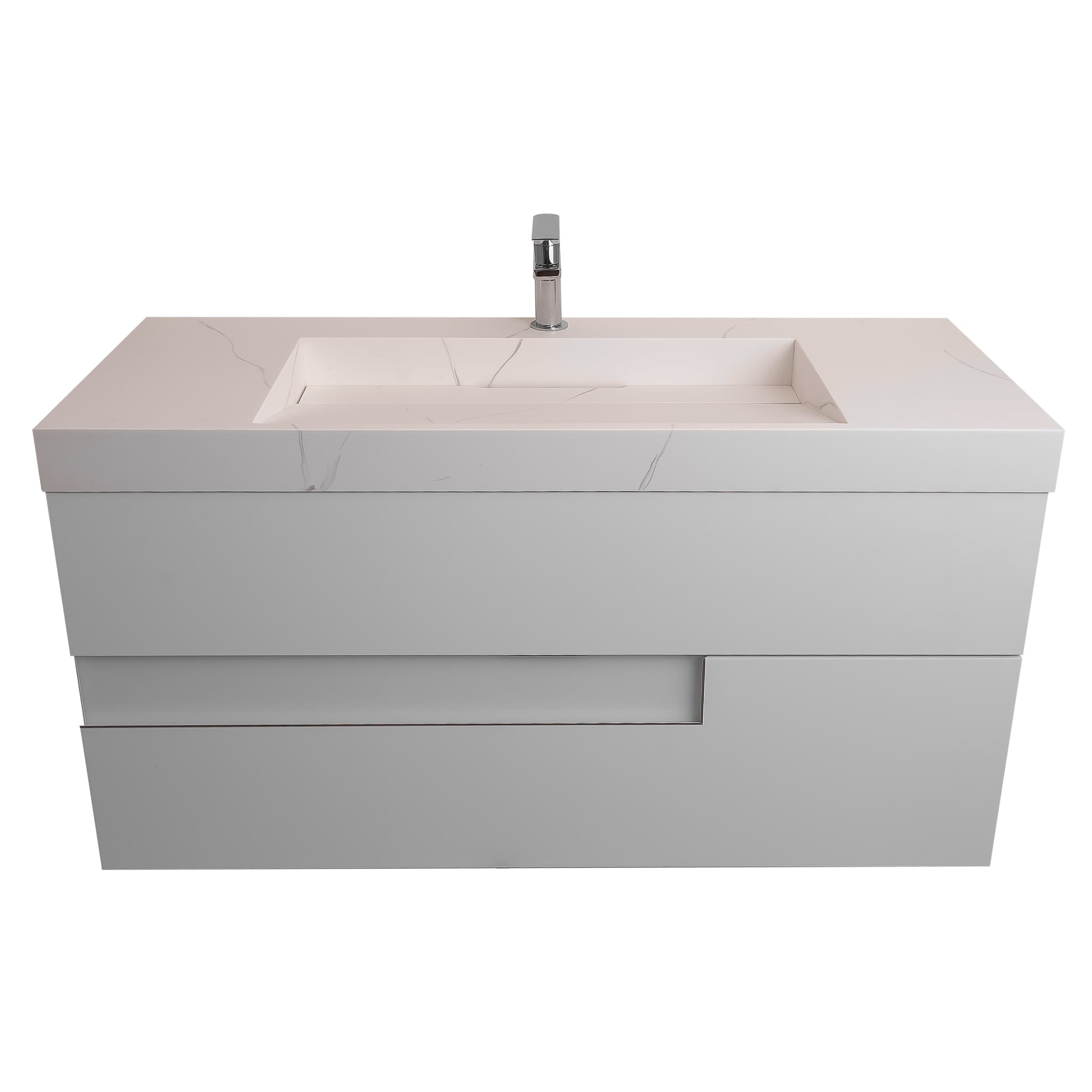 Vision 47.5 White High Gloss Cabinet, Solid Surface Matte White Top Carrara Infinity Sink, Wall Mounted Modern Vanity Set