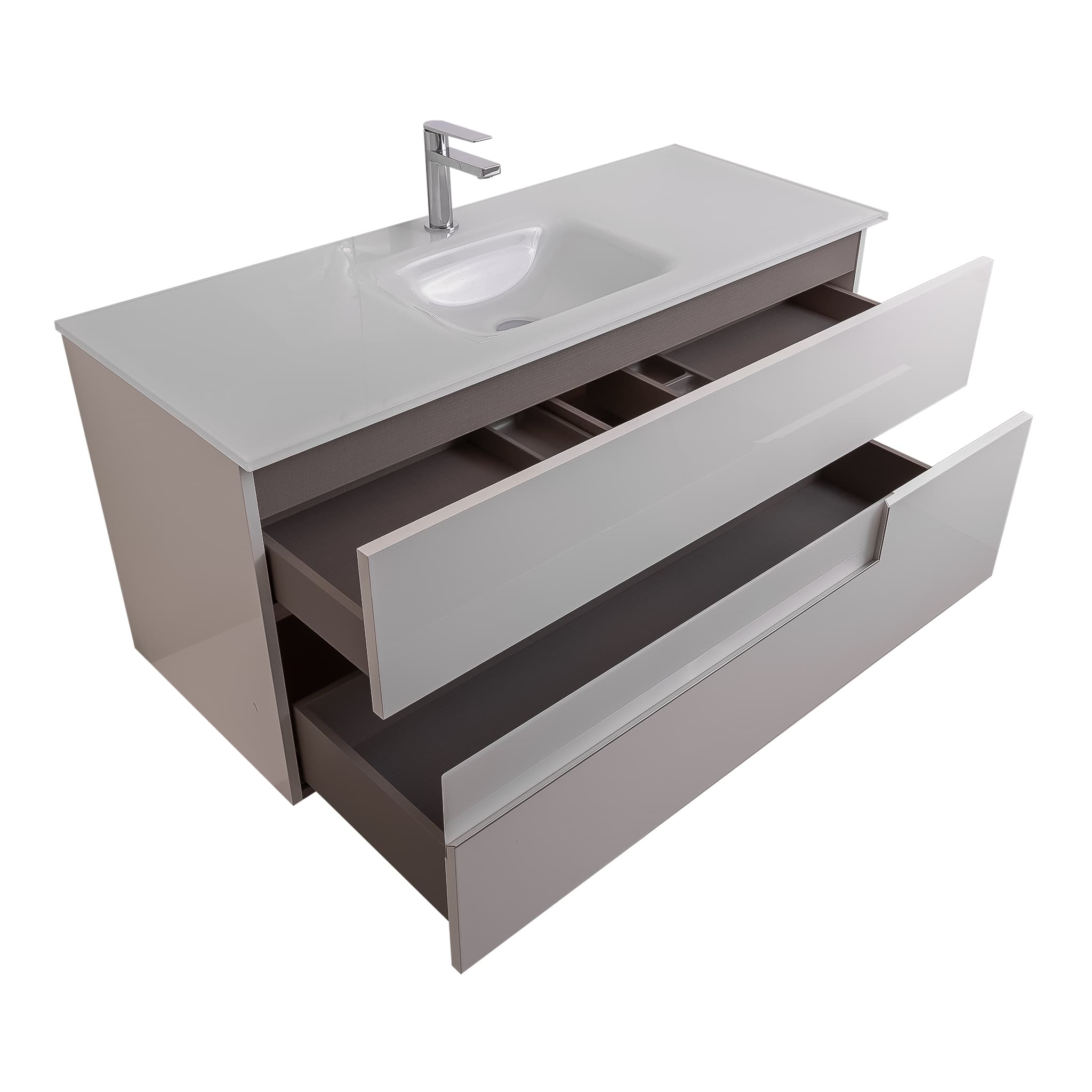 Vision 47.5 White High Gloss Cabinet, White Tempered Glass Sink, Wall Mounted Modern Vanity Set
