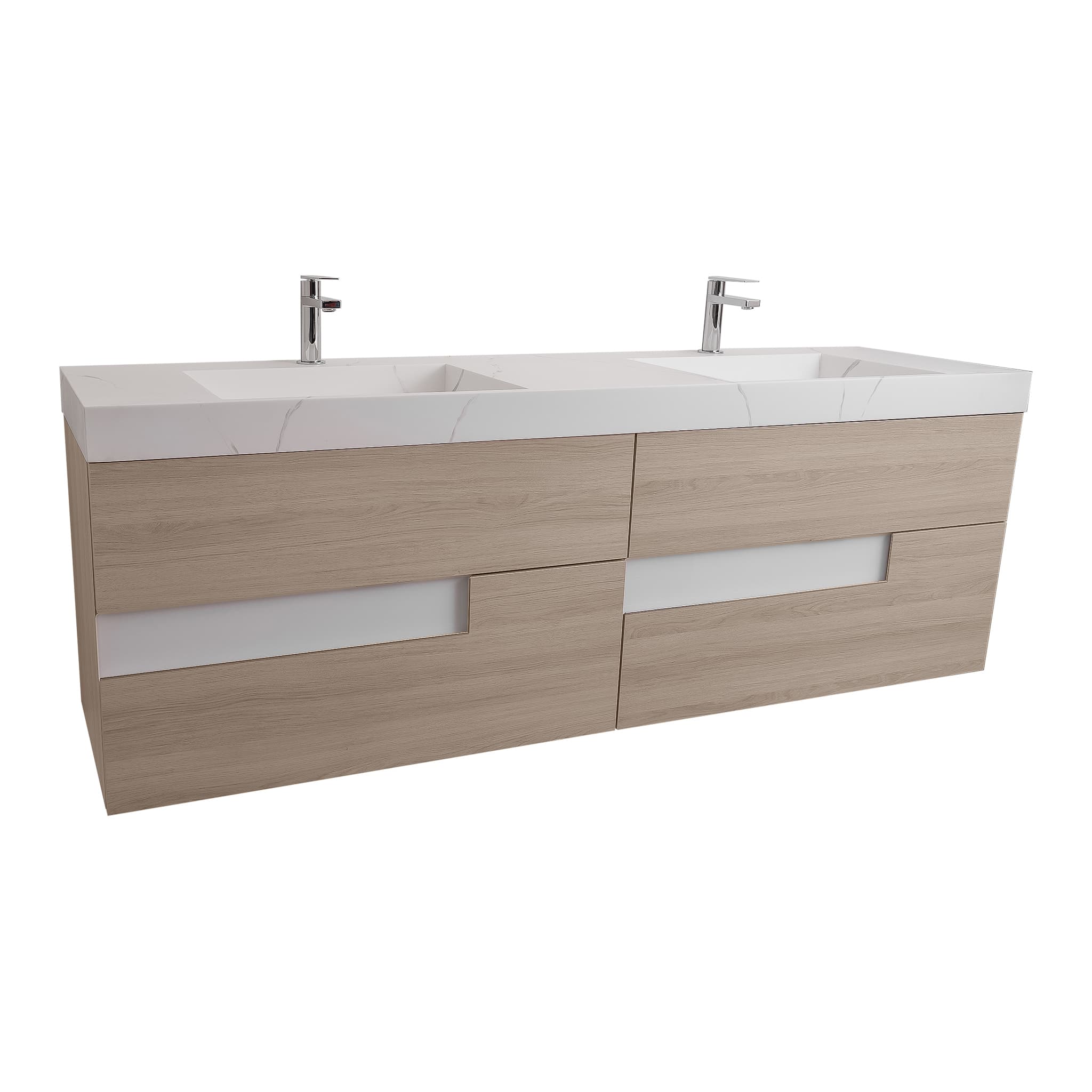 Vision 63 Natural Light Wood Cabinet, Solid Surface Matte White Top Carrara Infinity Double Sink, Wall Mounted Modern Vanity Set