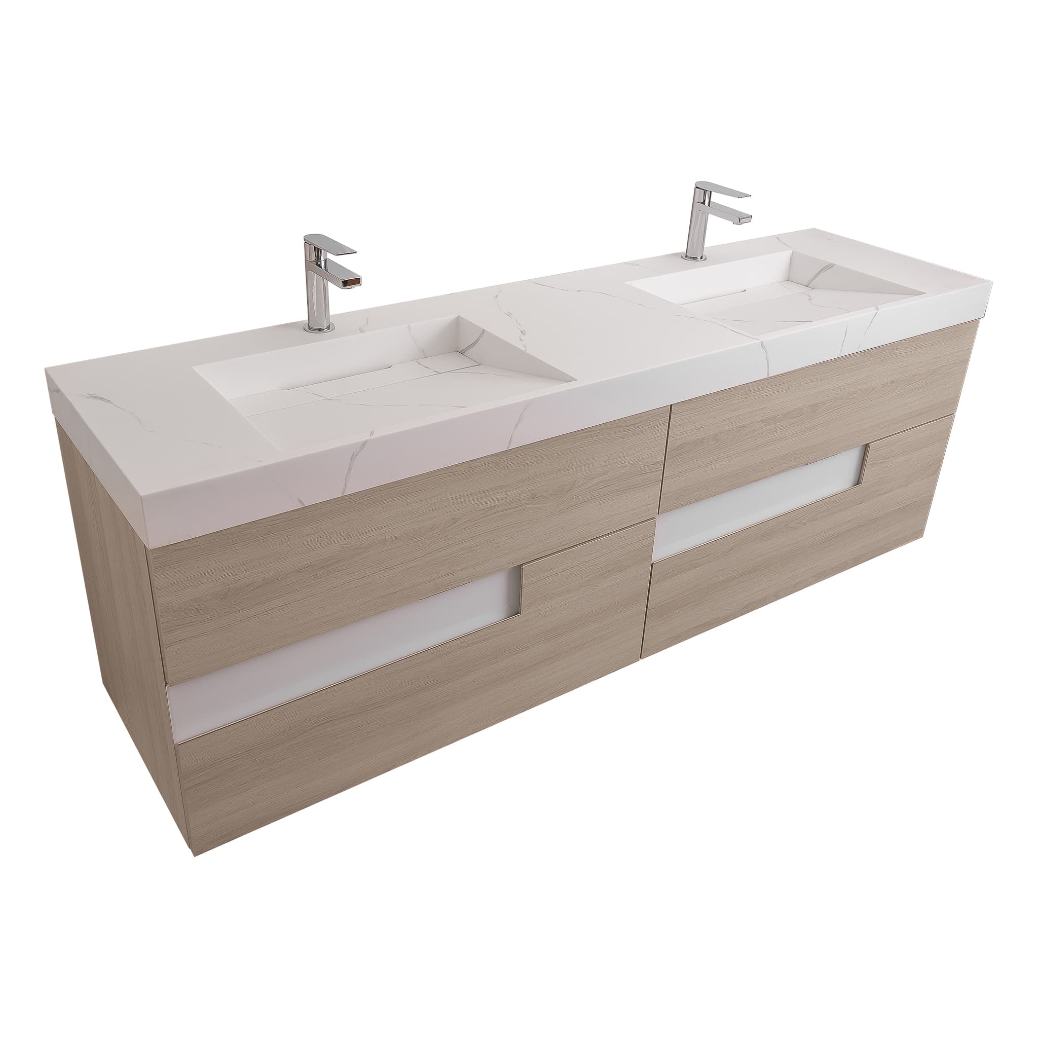 Vision 63 Natural Light Wood Cabinet, Solid Surface Matte White Top Carrara Infinity Double Sink, Wall Mounted Modern Vanity Set
