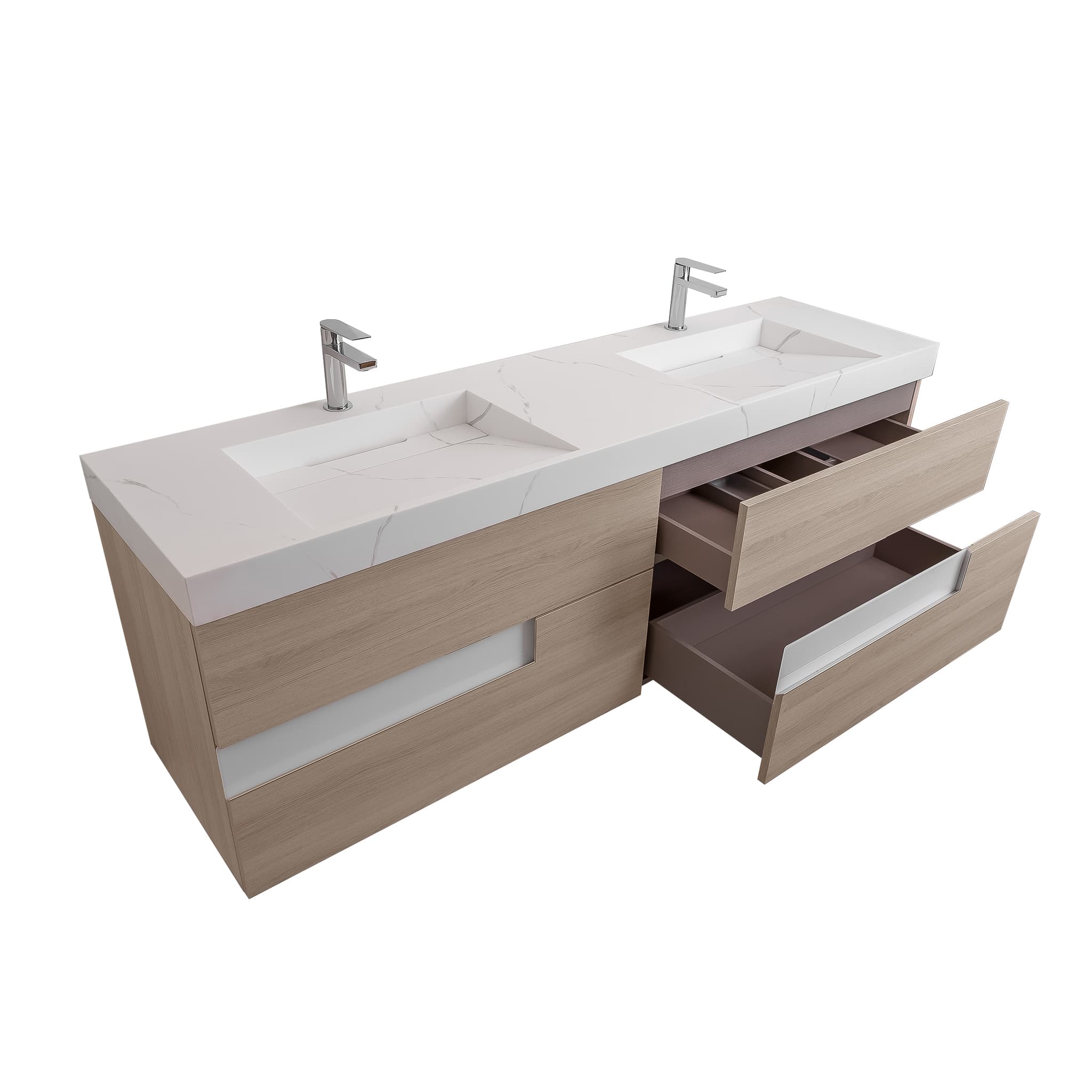 Vision 63 Natural Light Wood Cabinet, Solid Surface Matte White Top Carrara Infinity Double Sink, Wall Mounted Modern Vanity Set Bath Trends USA