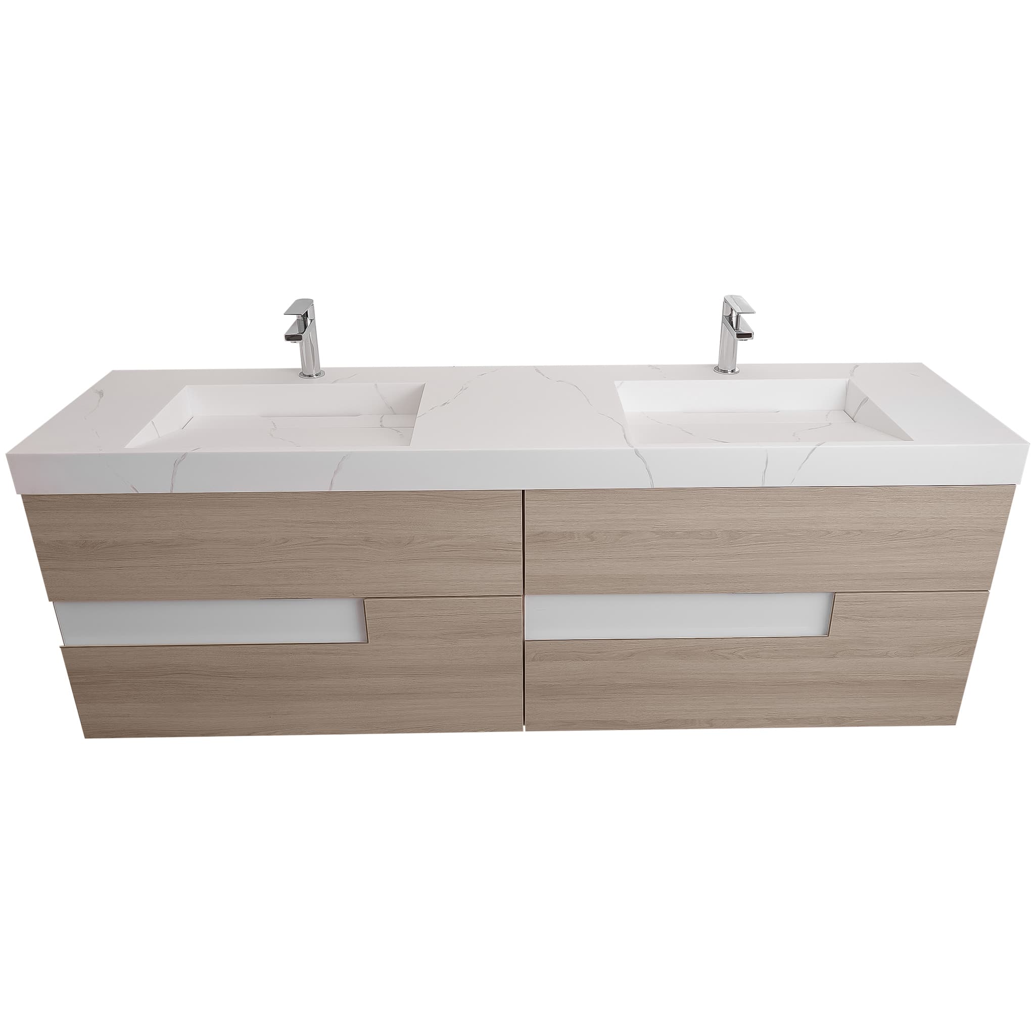 Vision 63 Natural Light Wood Cabinet, Solid Surface Matte White Top Carrara Infinity Double Sink, Wall Mounted Modern Vanity Set