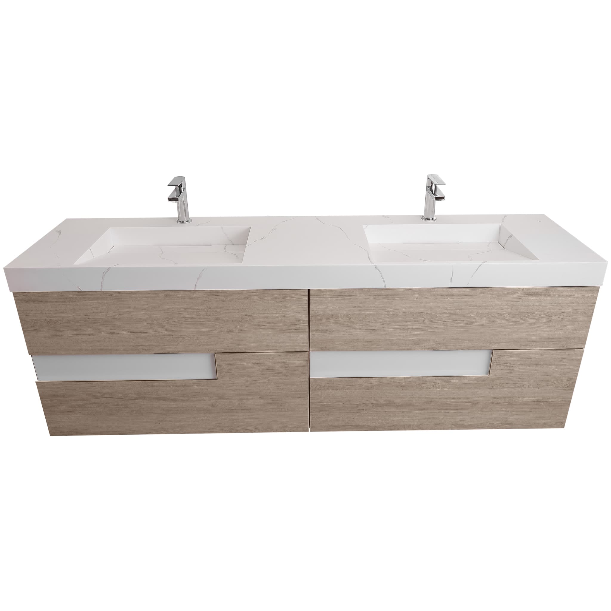 Vision 63 Natural Light Wood Cabinet, Solid Surface Matte White Top Carrara Infinity Double Sink, Wall Mounted Modern Vanity Set Bath Trends USA