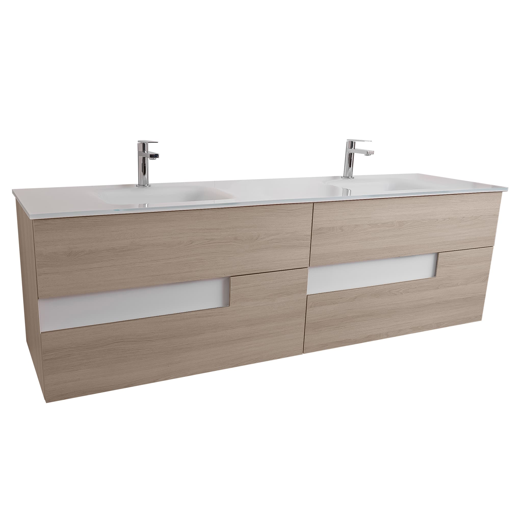 Vision 63 Natural Light  Wood Cabinet, White Tempered Glass Double Sink, Wall Mounted Modern Vanity Set