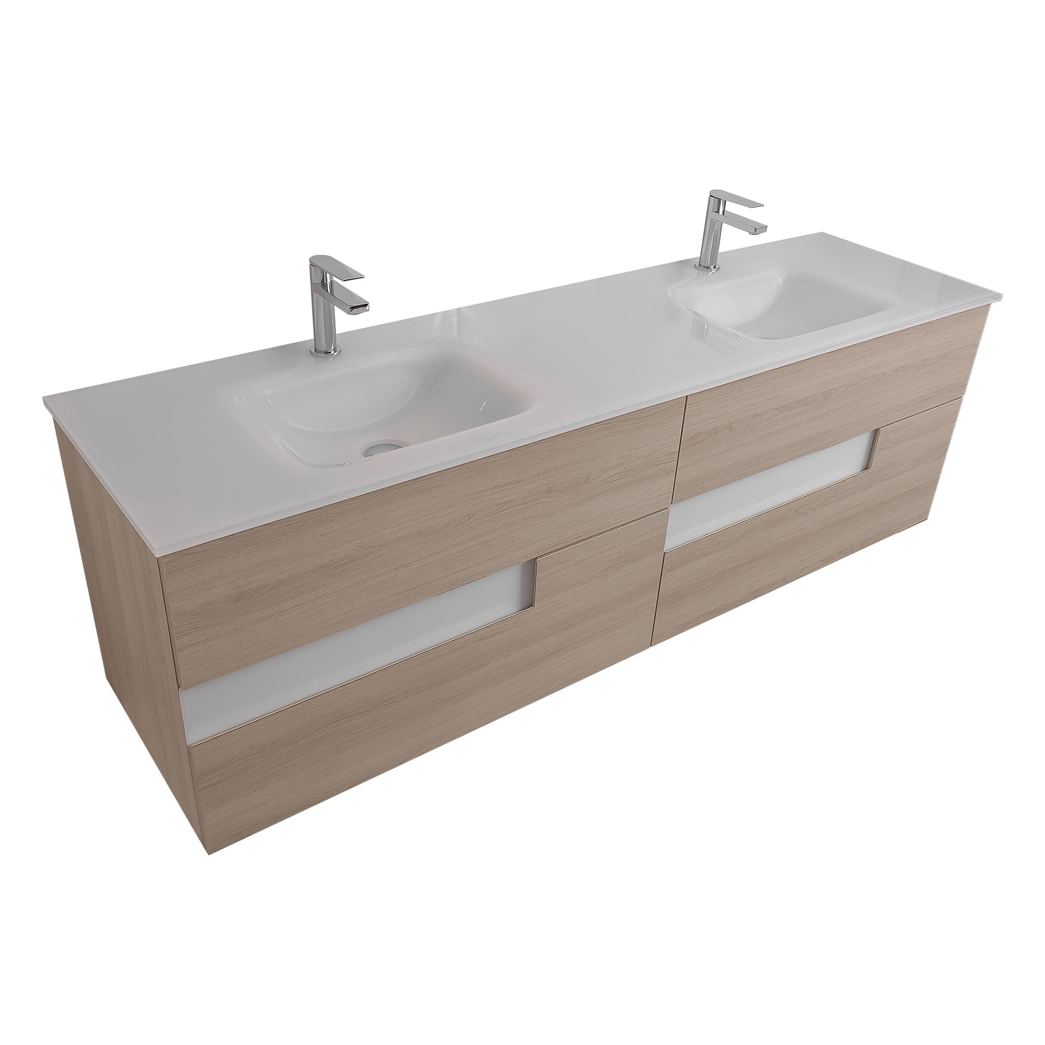 Vision 63 Natural Light  Wood Cabinet, White Tempered Glass Double Sink, Wall Mounted Modern Vanity Set