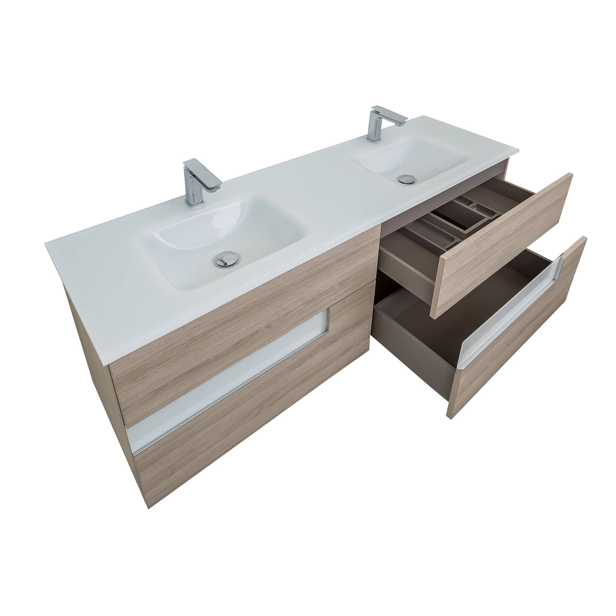 Aquamoon Vision 62.5" Double Sink Wall Mounted Vanity Set Natural w/LED mirror w/glass sink