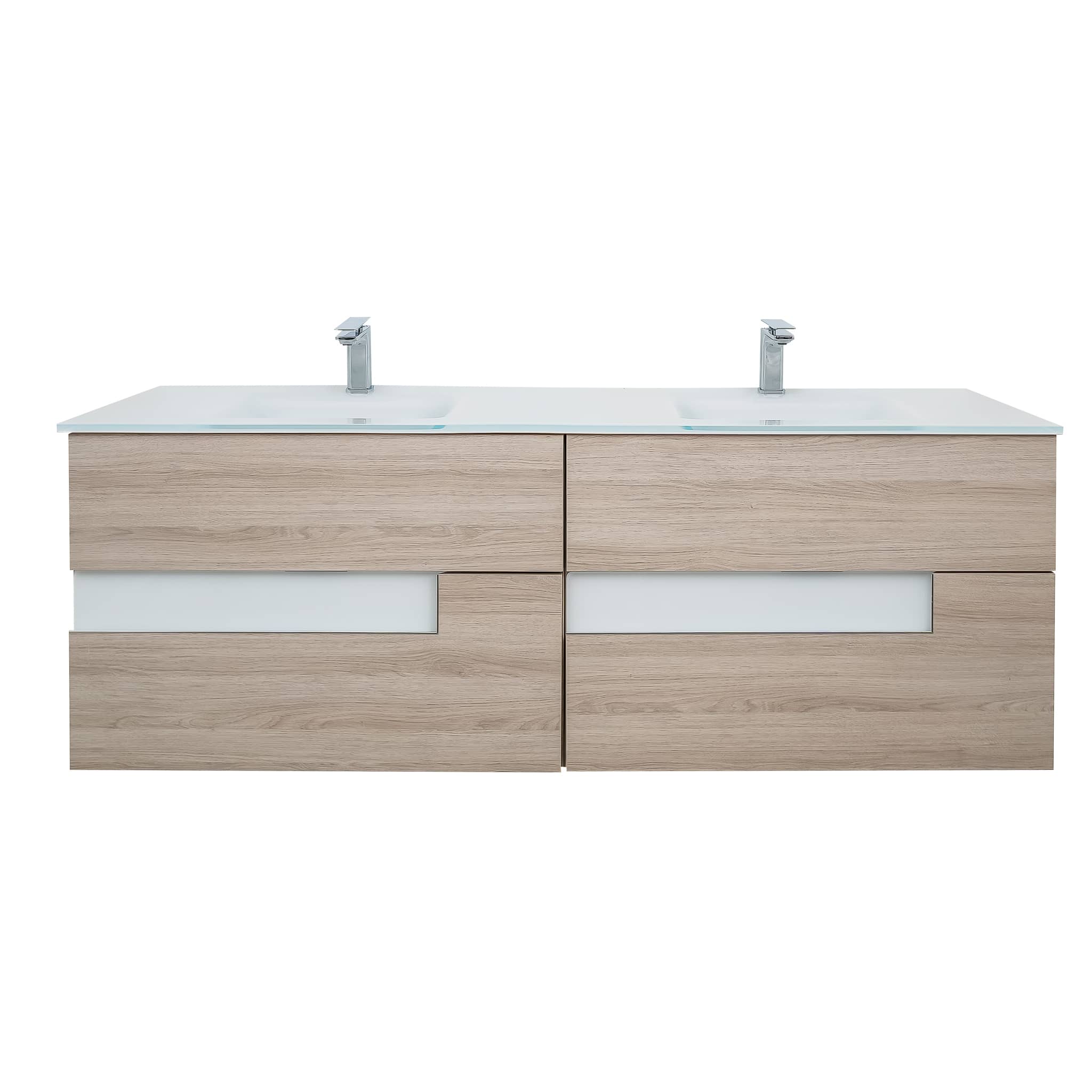 Aquamoon Vision 62.5" Double Sink Wall Mounted Vanity Set Natural w/LED mirror w/glass sink