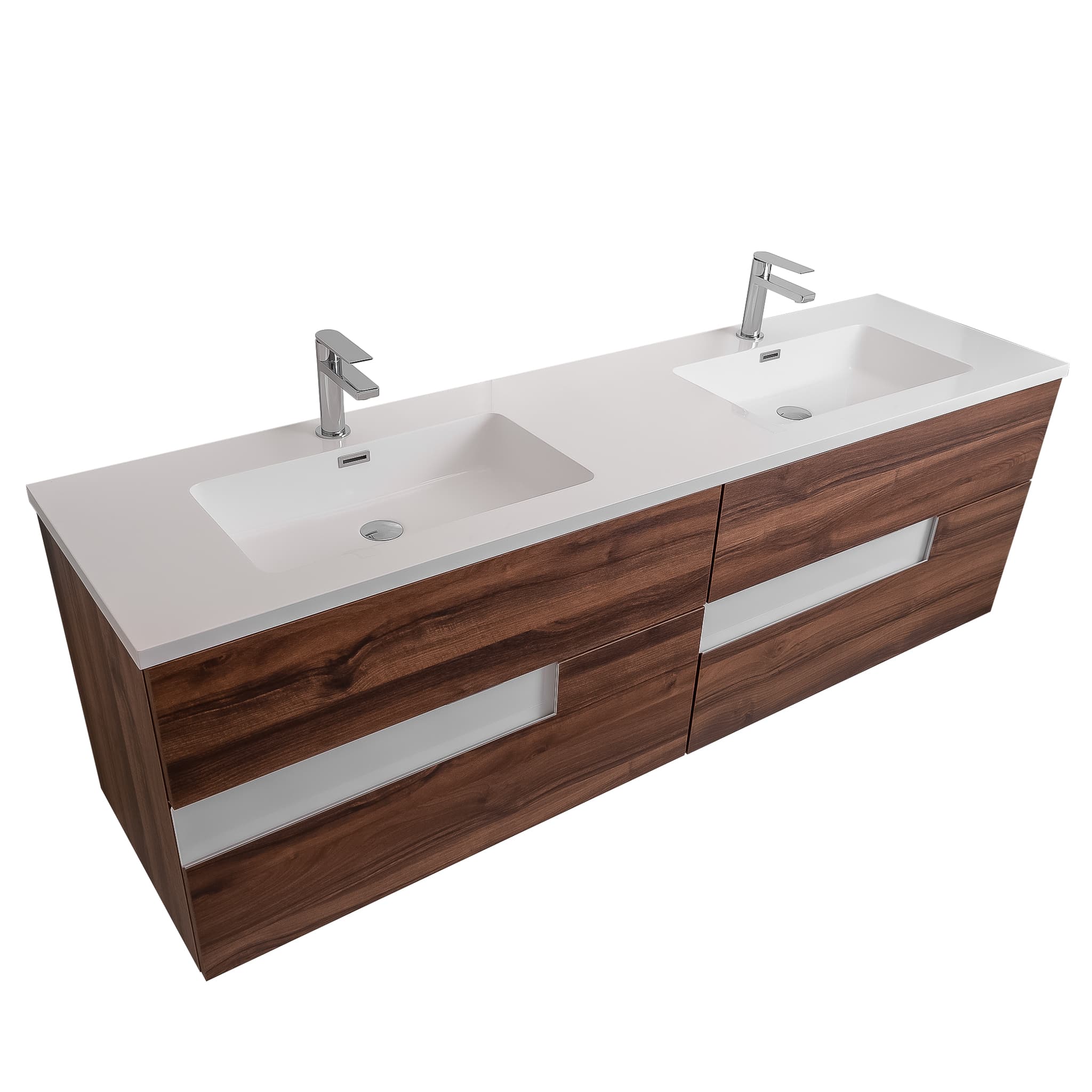 Vision 63 Valenti Medium Brown Wood Cabinet, Square Cultured Marble Double Sink, Wall Mounted Modern Vanity Set