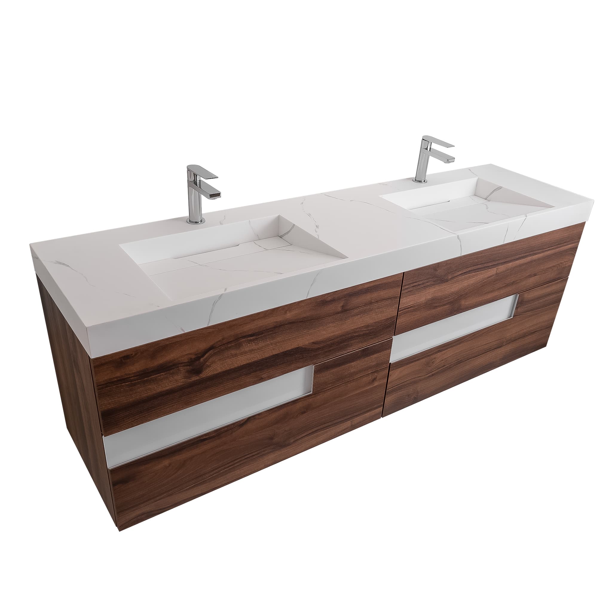 Vision 63 Valenti Medium Brown Wood Cabinet, Solid Surface Matte White Top Carrara Infinity Double Sink, Wall Mounted Modern Vanity Set