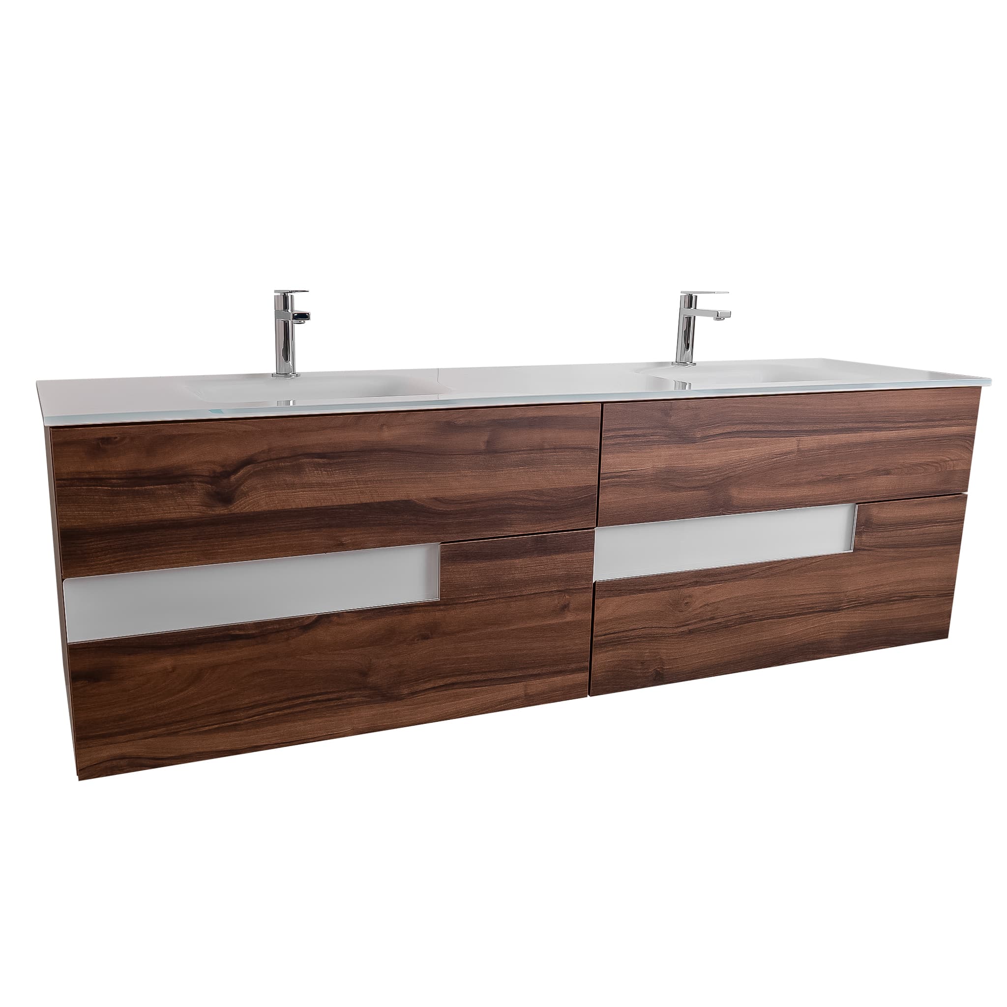 Vision 63 Valenti Medium Brown Wood Cabinet, White Tempered Glass Double Sink, Wall Mounted Modern Vanity Set Bath Trends USA