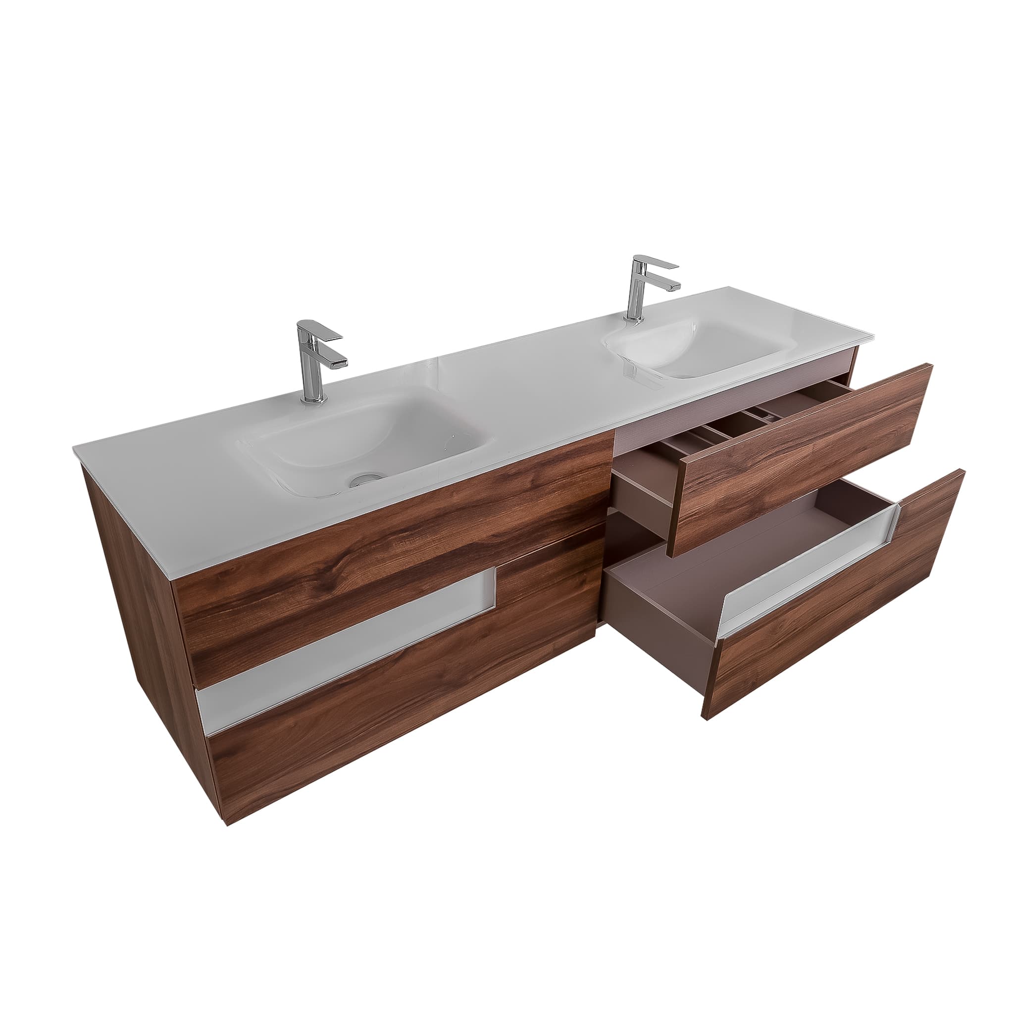 Vision 63 Valenti Medium Brown Wood Cabinet, White Tempered Glass Double Sink, Wall Mounted Modern Vanity Set
