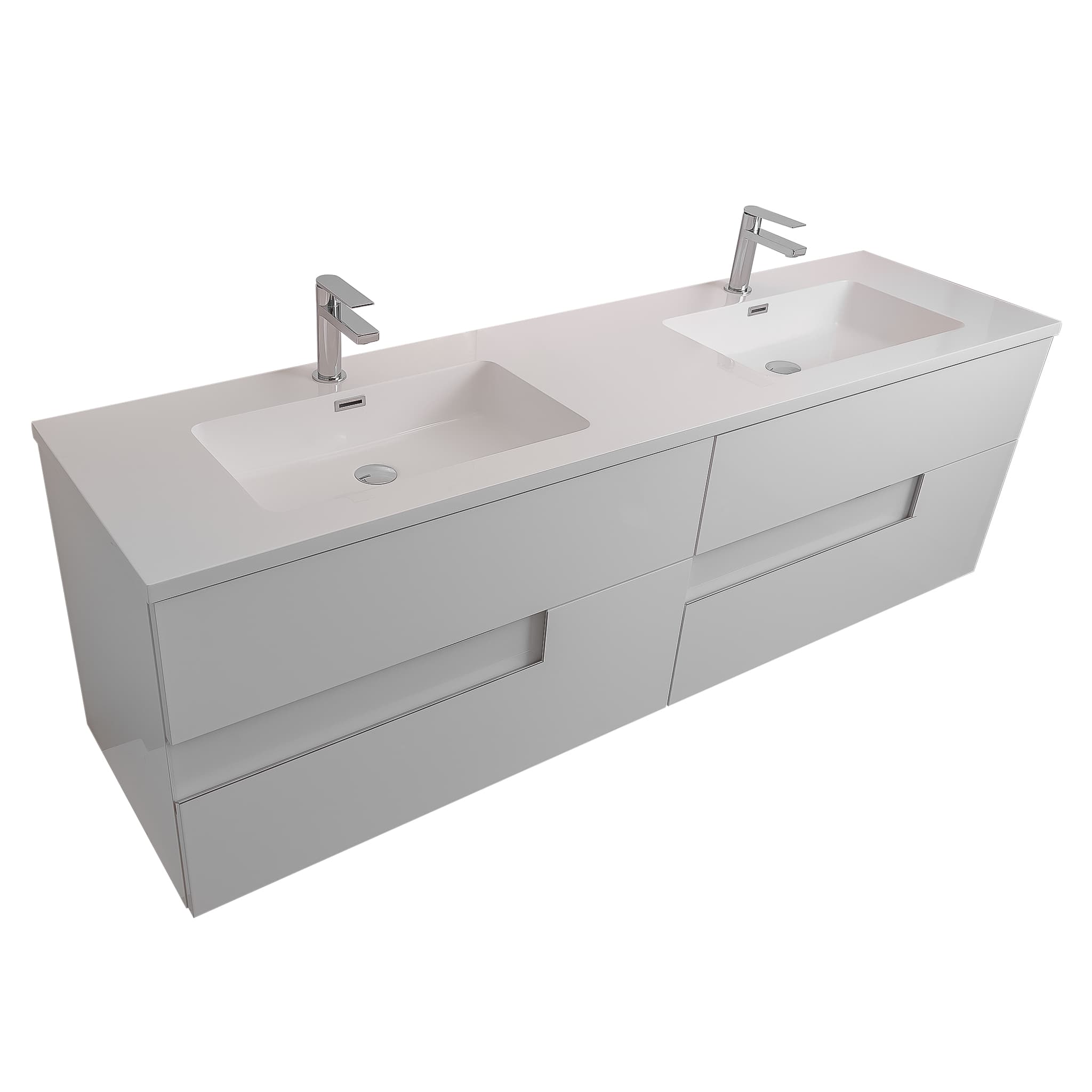 Vision 63 White High Gloss Cabinet, Square Cultured Marble Double Sink, Wall Mounted Modern Vanity Set