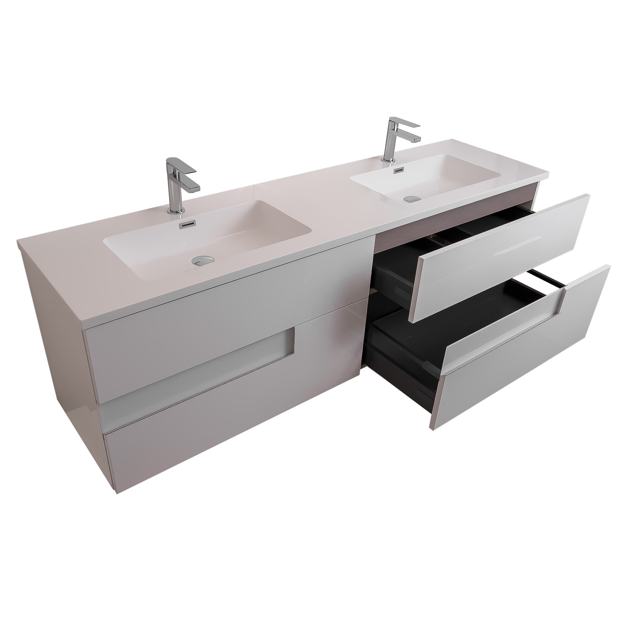 Vision 63 White High Gloss Cabinet, Square Cultured Marble Double Sink, Wall Mounted Modern Vanity Set