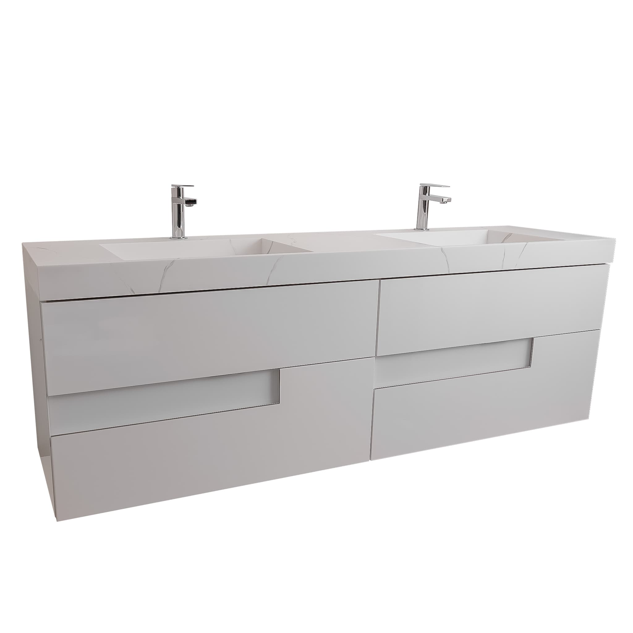 Vision 63 White High Gloss Cabinet, Solid Surface Matte White Top Carrara Infinity Double Sink, Wall Mounted Modern Vanity Set