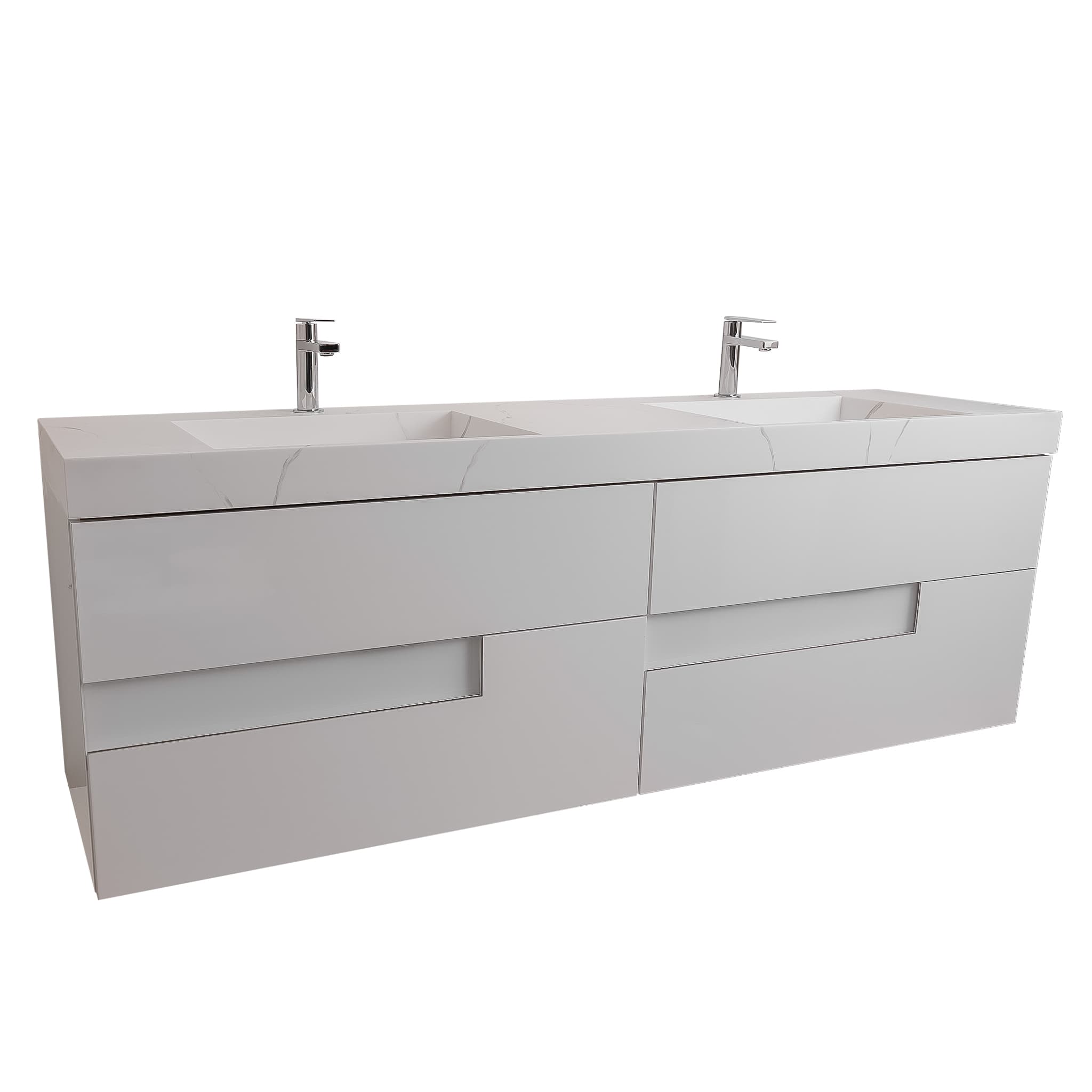 Vision 63 White High Gloss Cabinet, Solid Surface Matte White Top Carrara Infinity Double Sink, Wall Mounted Modern Vanity Set Bath Trends USA